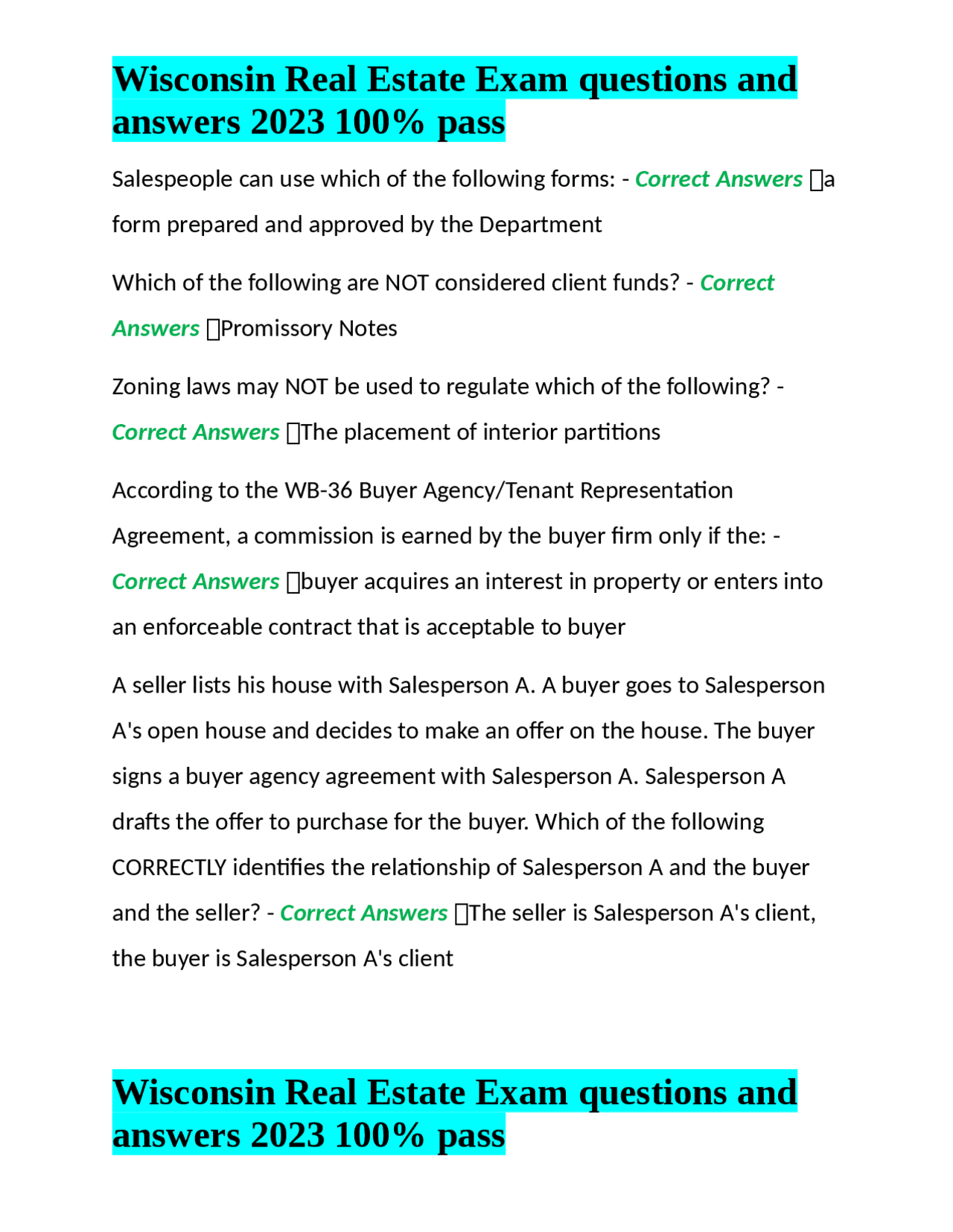 Wisconsin Real Estate Exam questions and answers 2023 100 pass Exams