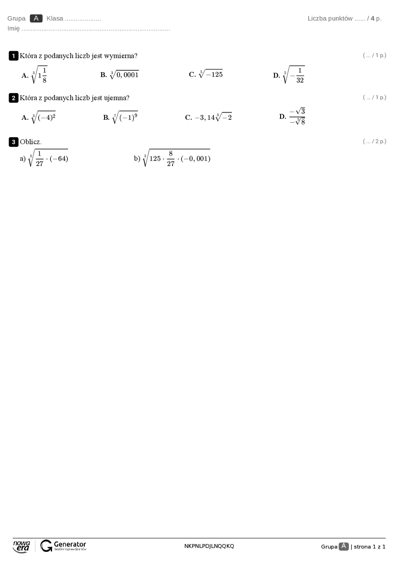 Pierwiastek sześcienny | Testy Matematyka | Docsity