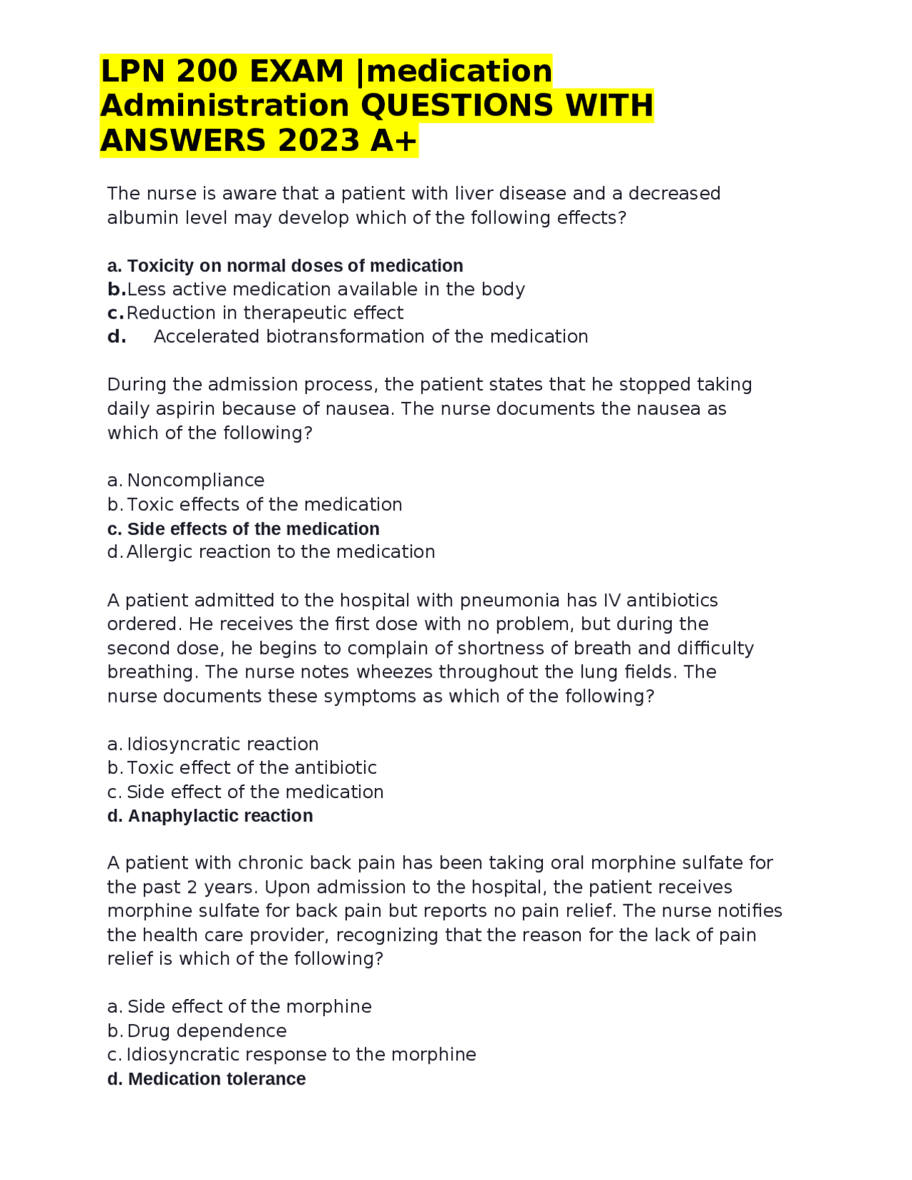 LPN 200 EXAM |medication Administration QUESTIONS WITH ANSWERS 2023 A+ ...