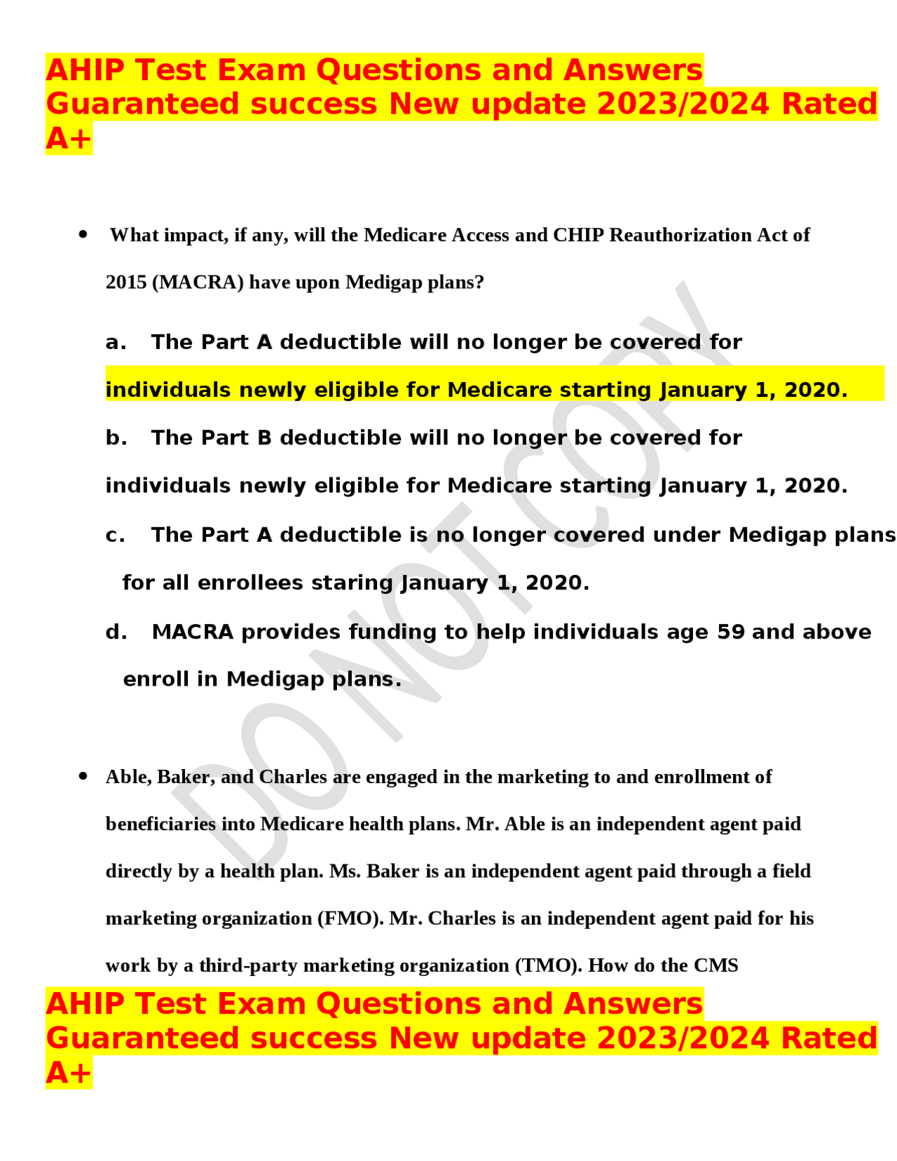 AHIP Test Exam Questions and Answers Guaranteed success New update 2023 ...