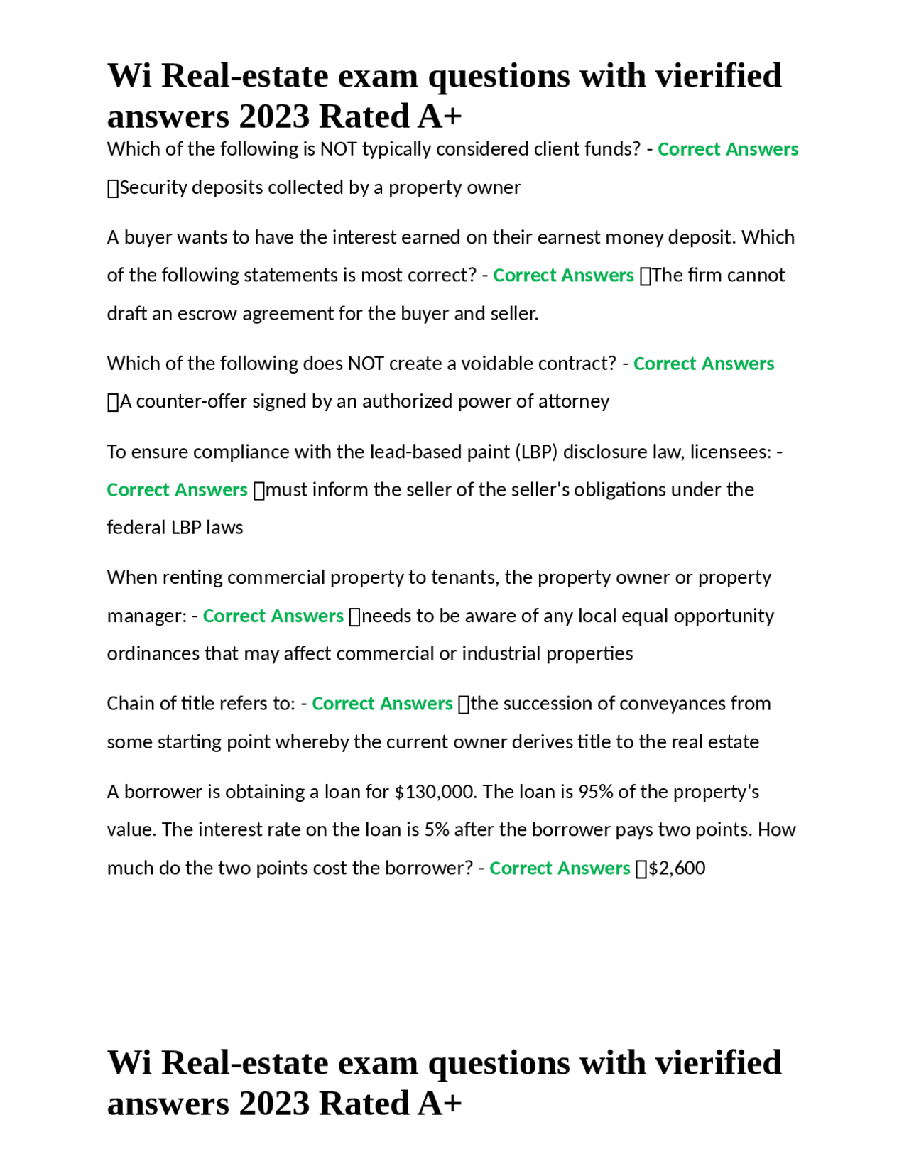 Wi Realestate exam questions with vierified answers 2023 Rated A+