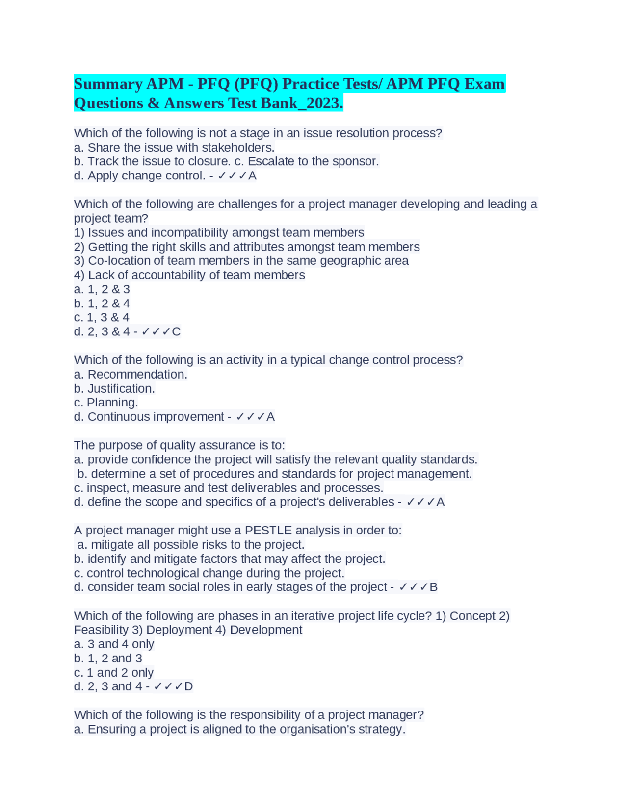 Test Apm Summary APM - PFQ (PFQ) Practice Tests/ APM PFQ Exam Questions ...