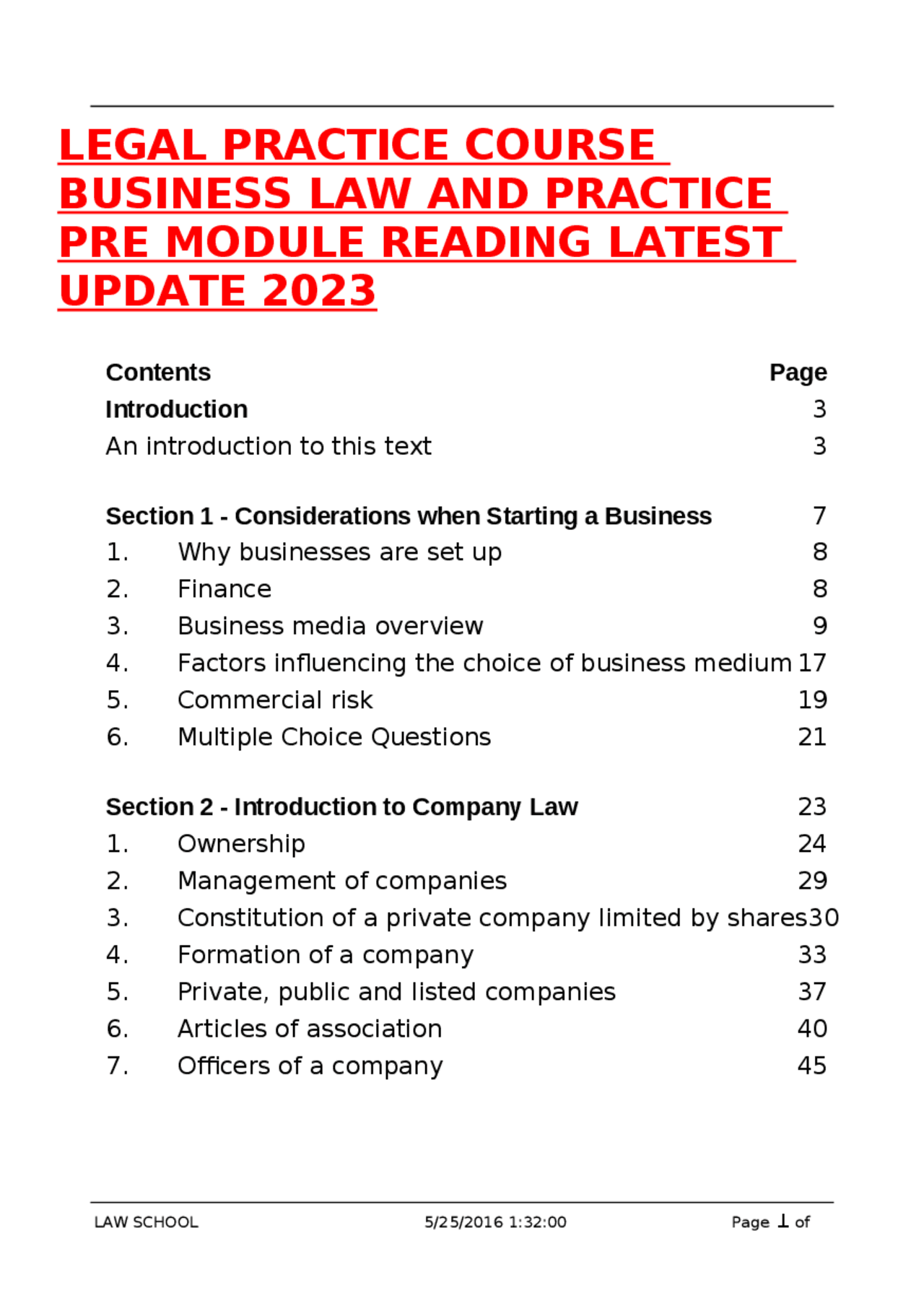 LEGAL PRACTICE COURSE BUSINESS LAW AND PRACTICE PRE MODULE READING