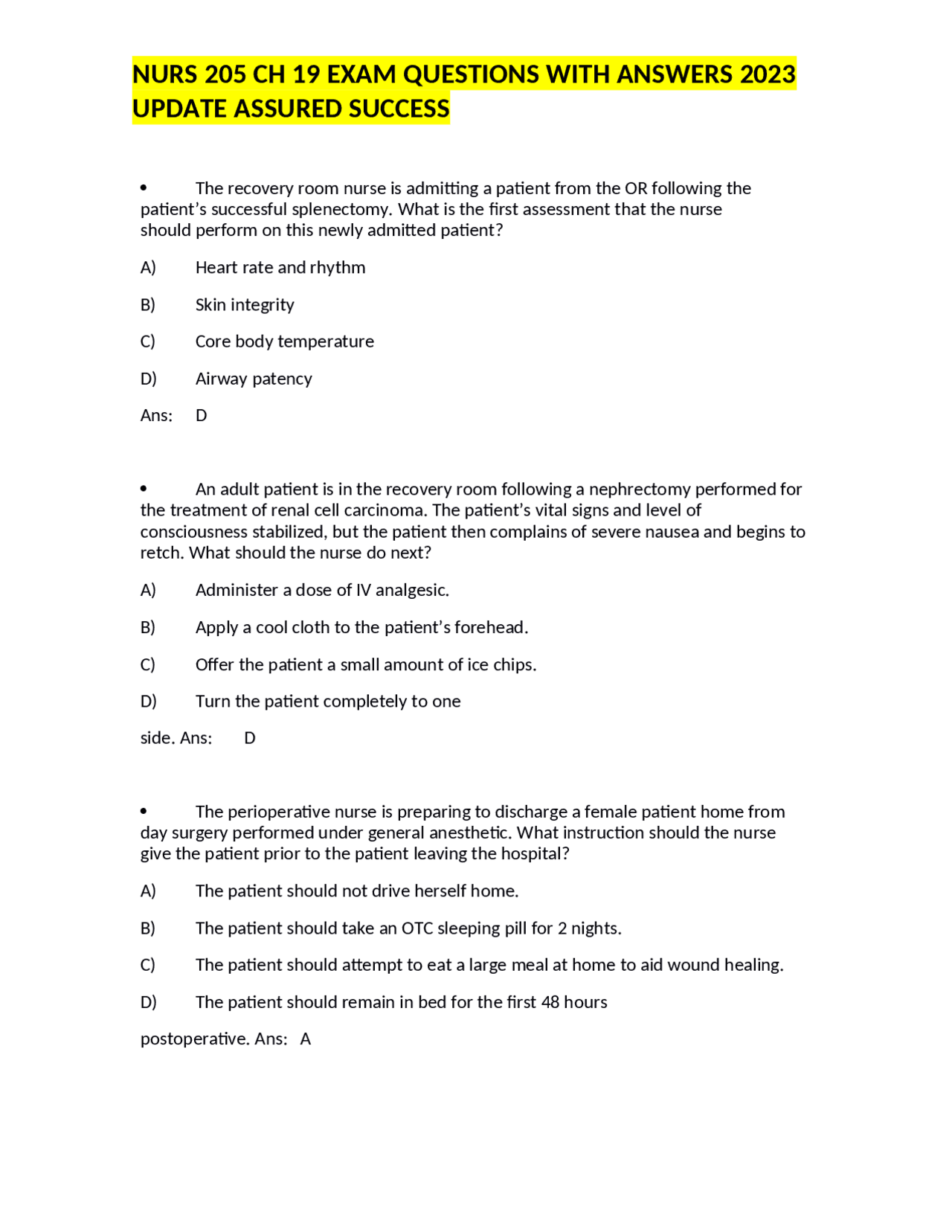 NURS 205 CH 19 EXAM QUESTIONS WITH ANSWERS 2023 UPDATE ASSURED SUCCESS ...
