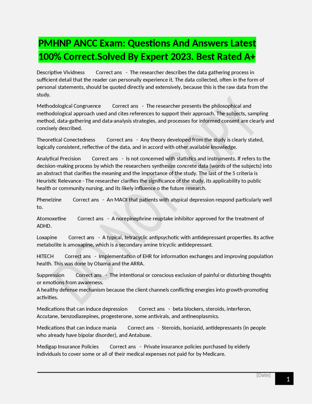 PMHNP ANCC Exam: Questions And Answers Latest 100% Correct.Solved By ...