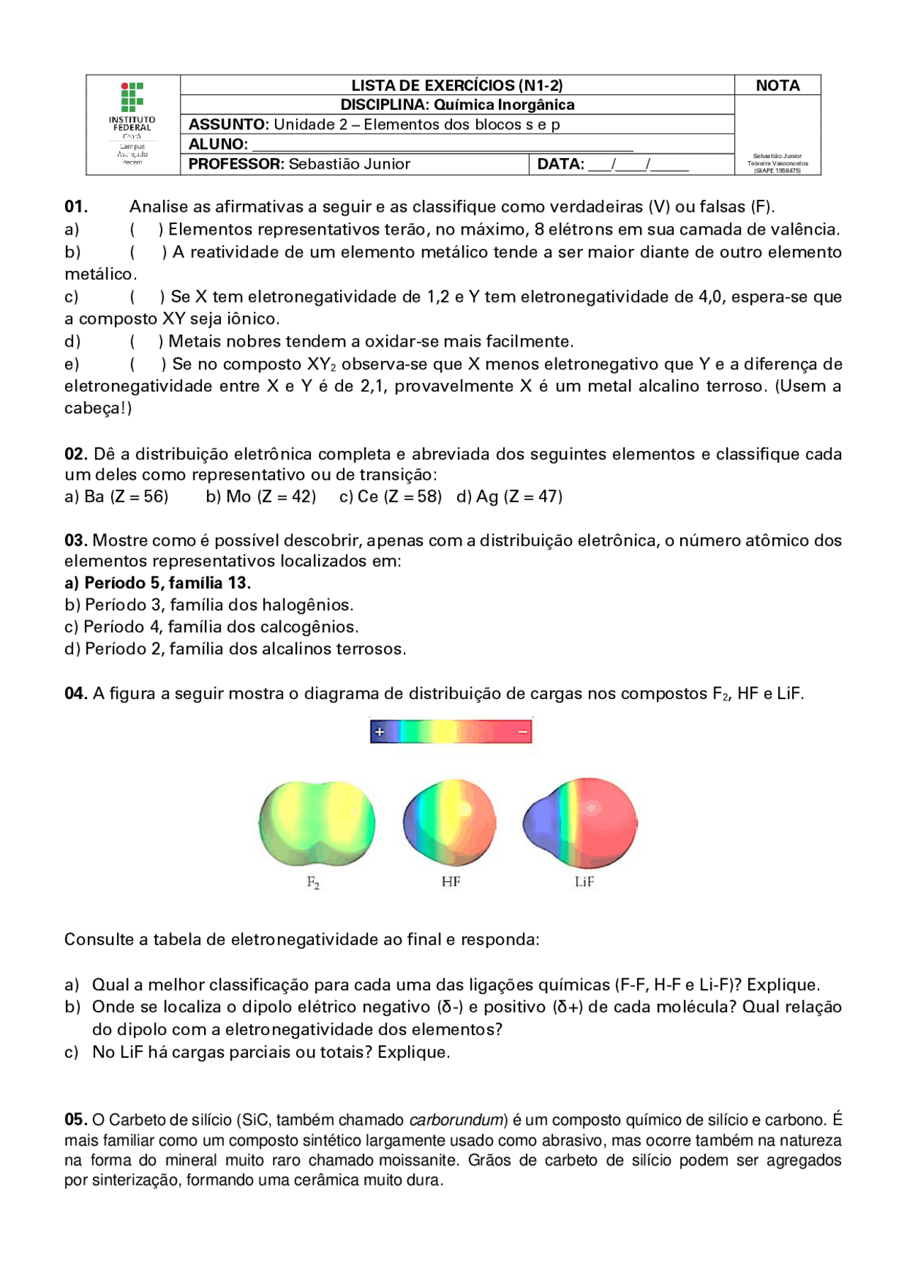 Distribuição eletrônica | Exercícios Química para Ensino Médio | Docsity