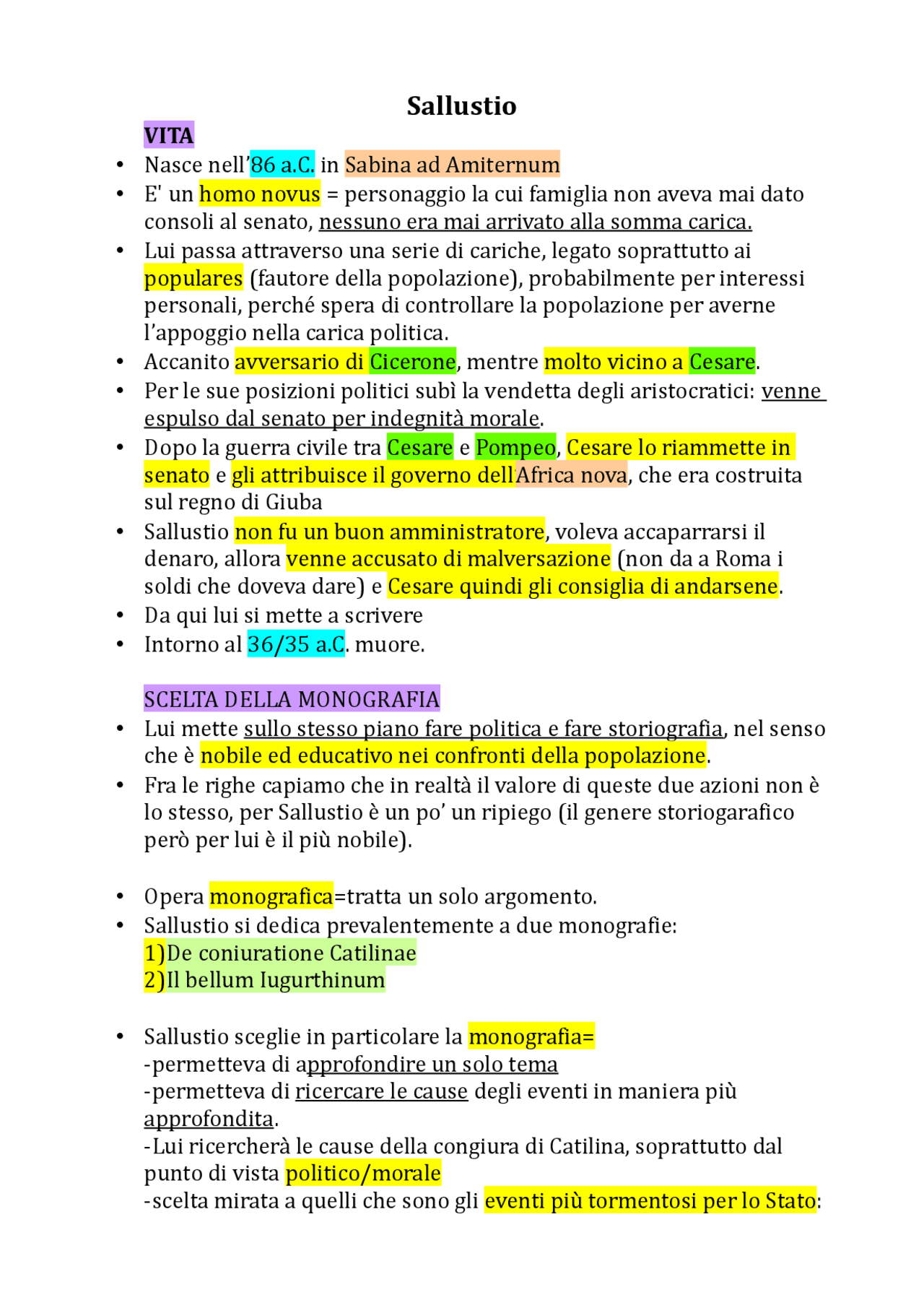 Sallustio vita e opere Schemi e mappe concettuali di Latino Docsity