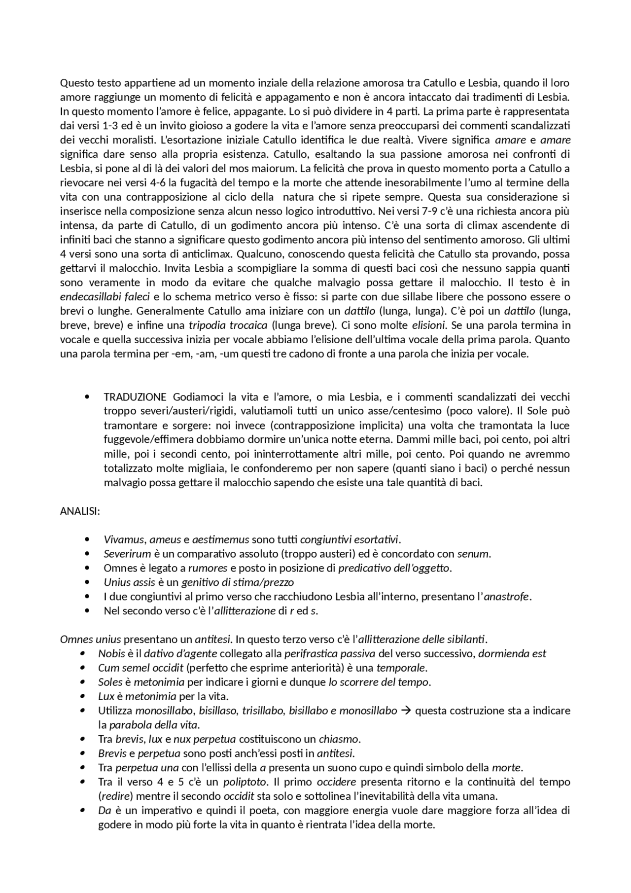 Catullo, Carme 5 Traduzione e Analisi