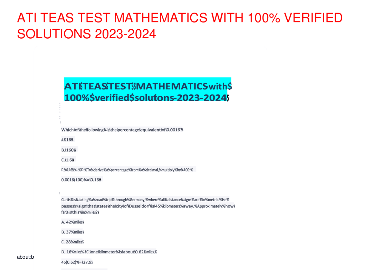 ATI TEAS TEST MATHEMATICS WITH 100% VERIFIED SOLUTIONS 2023-2024 ...