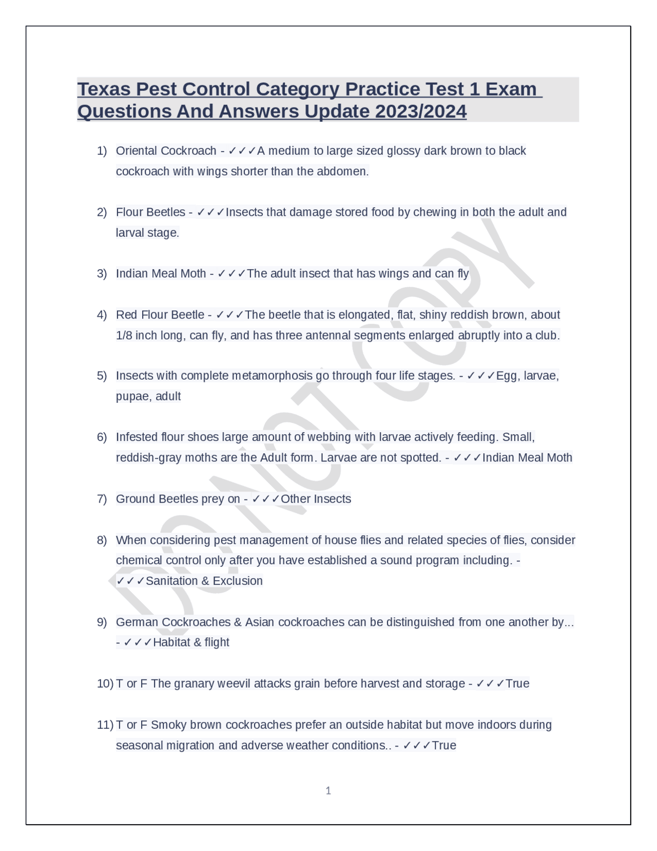 Texas Pest Control Category Practice Test 1 Exam Questions And Answers