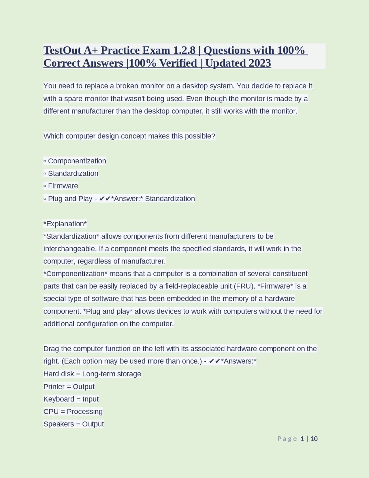 TestOut A+ Practice Exam 1.2.8 Questions with 100 Correct Answers