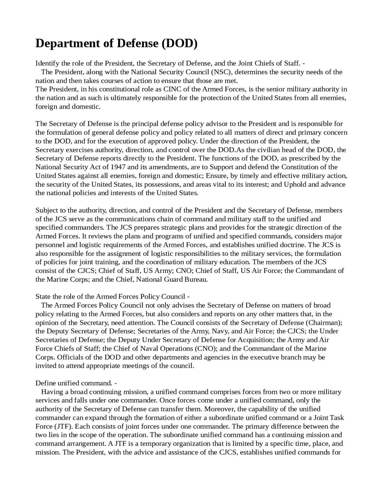 Defense Policy Document Example Roles and Missions of the Department of Defense | Exams Military ...