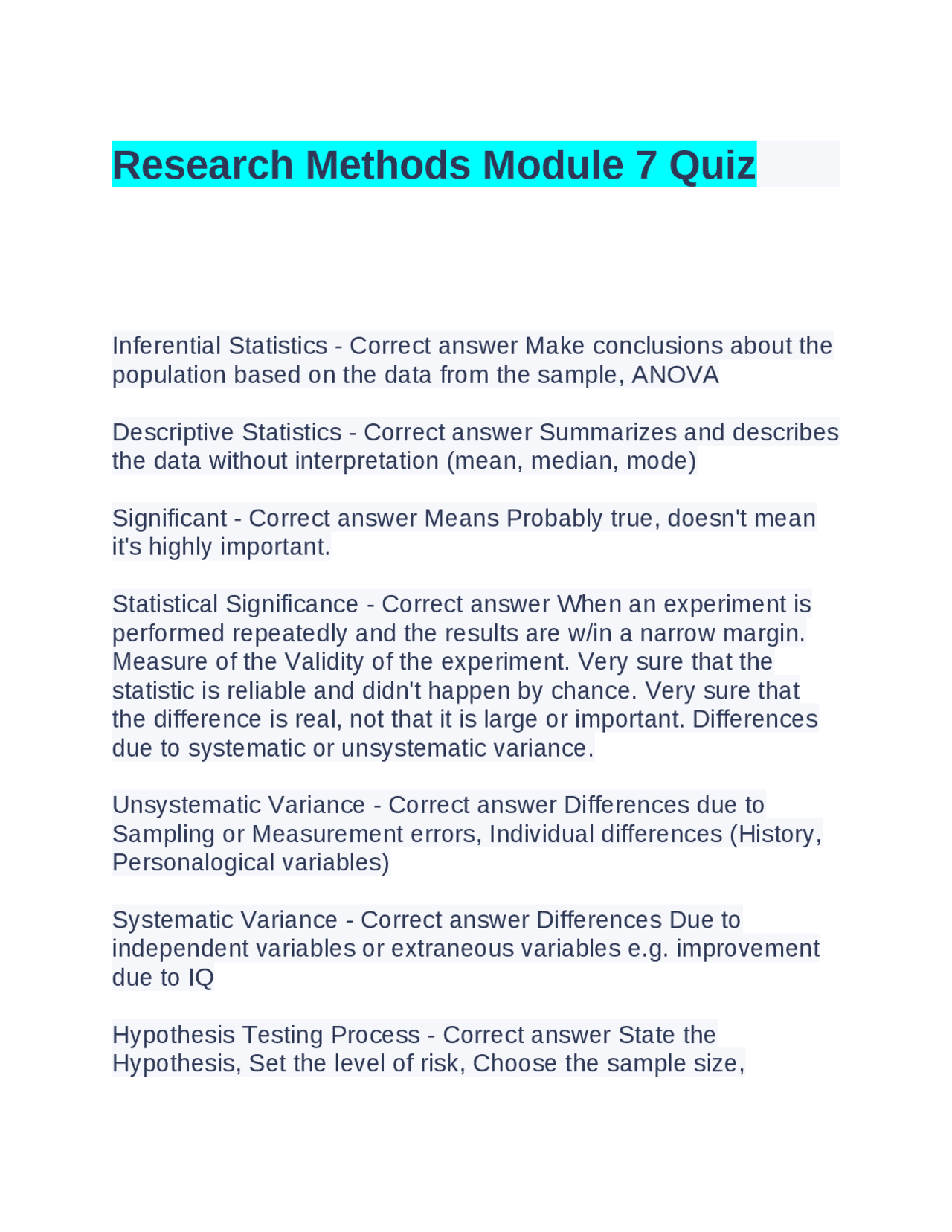 Research Methods Module 7 Quiz | Exams Statistics | Docsity