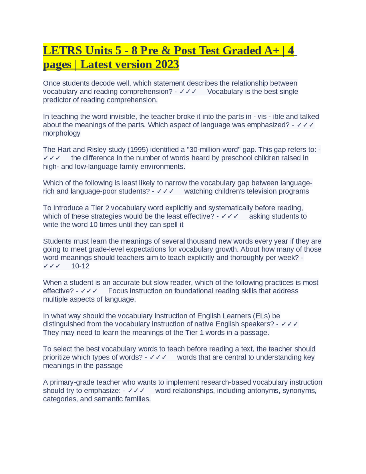 LETRS Units 5 - 8 Pre & Post Test Graded A+ | 4 pages | Latest version ...