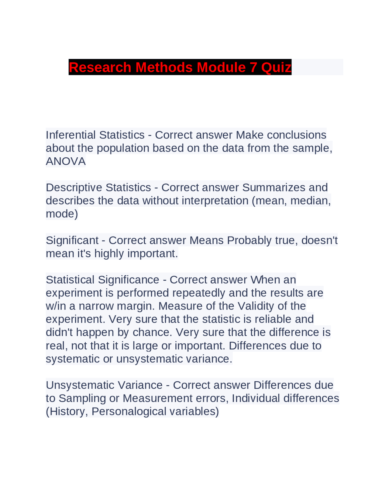 Research Methods Module 7 Quiz | Exams Statistics | Docsity