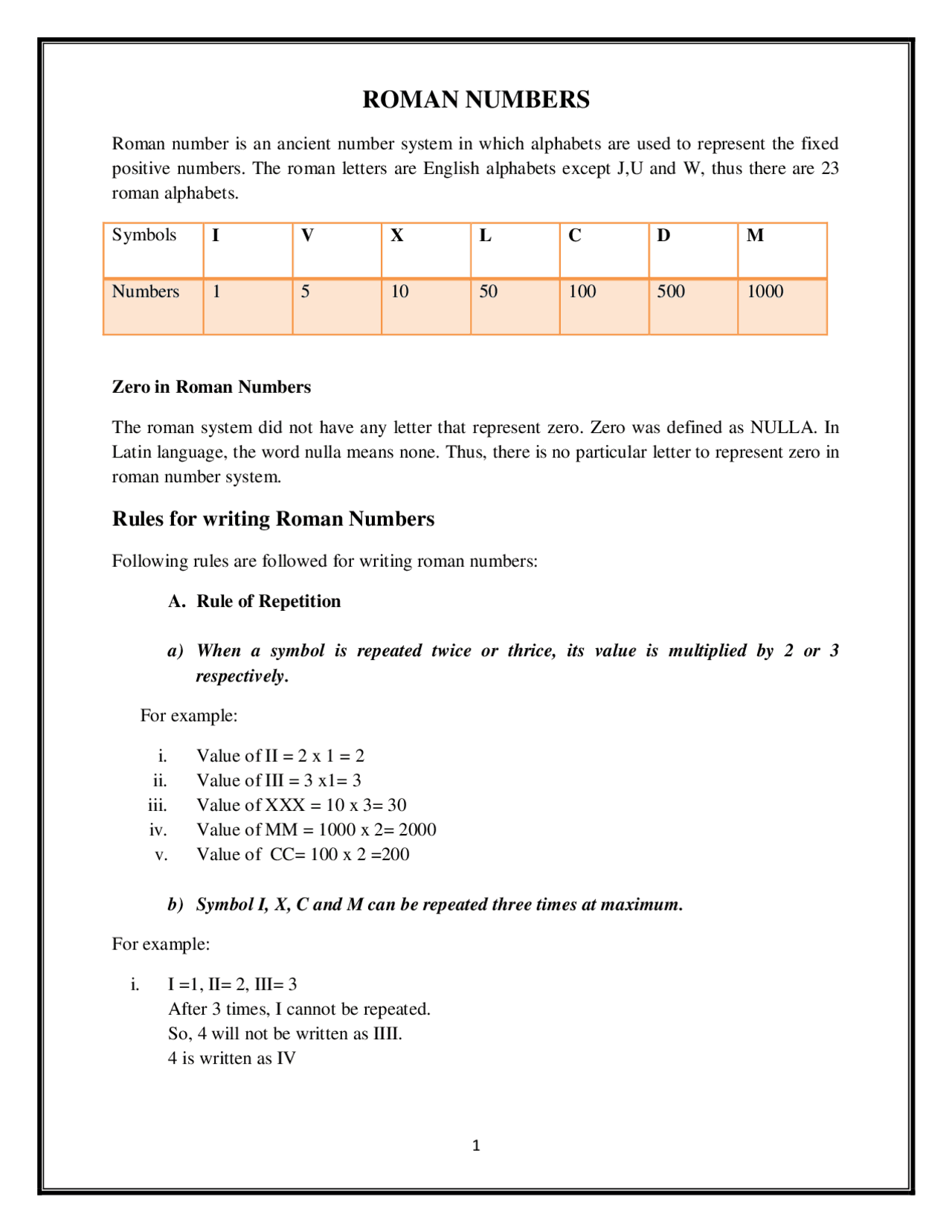 Roman Numbers : Concept and Rules | Study notes Mathematics | Docsity