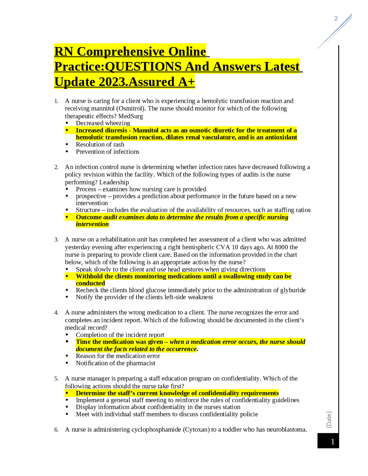 RN Comprehensive Online PracticeQUESTIONS And Answers Latest Update