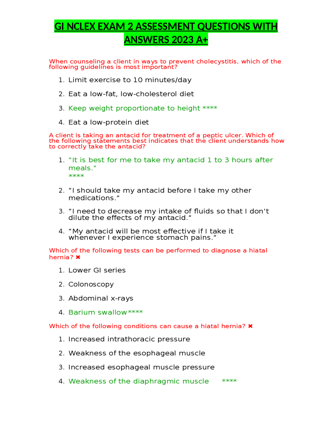 GI NCLEX EXAM 2 ASSESSMENT QUESTIONS WITH ANSWERS 2023 A+ | Exams ...
