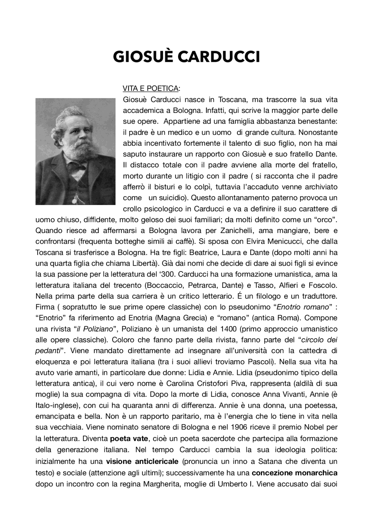 CARDUCCI: VITA, POETICA E POESIE | Sbobinature di Italiano | Docsity