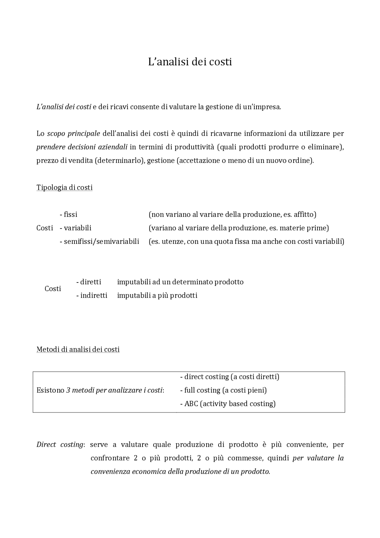 Introduzione al analisi dei costi e vari metodi di calcolo | Appunti di ...