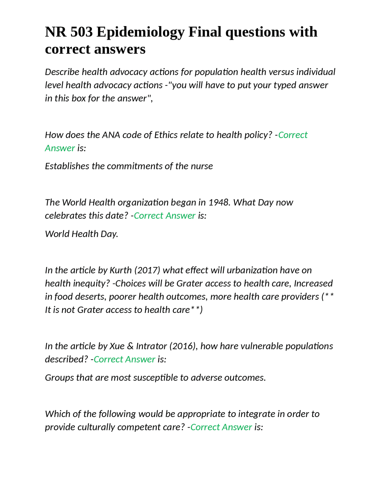 NR 503 Epidemiology Final questions with correct answers Exams
