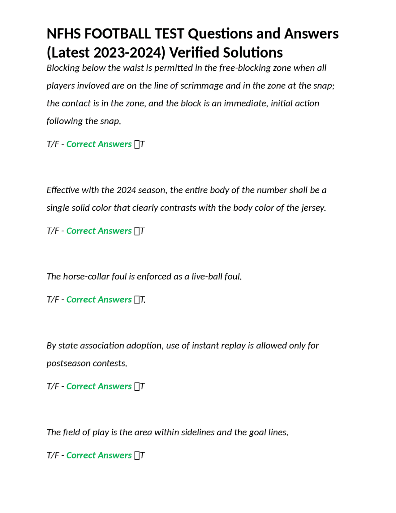 NFHS FOOTBALL TEST Questions And Answers Latest 2023 2024 Verified nfhs-football-test-questions-and-answers-latest-2023-2024-verified