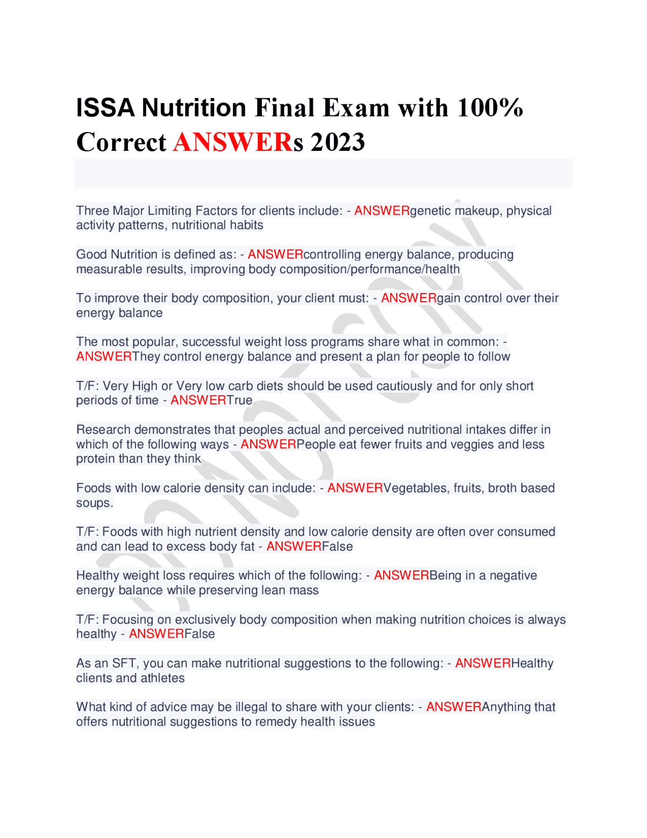 ISSA Nutrition Final Exam with 100 Correct ANSWERs 2025 Exams
