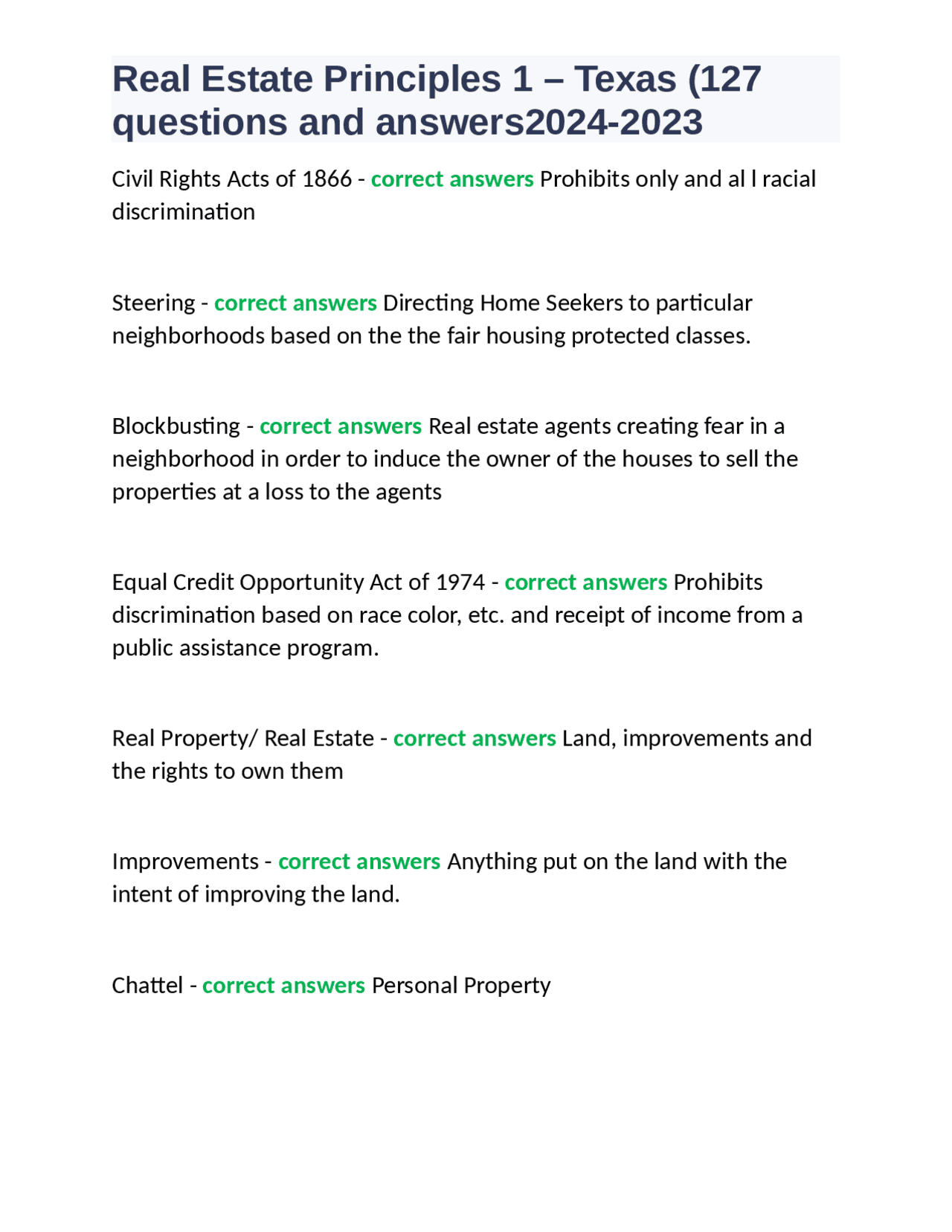 Real Estate Principles 1 Texas (127 questions and answers20242023