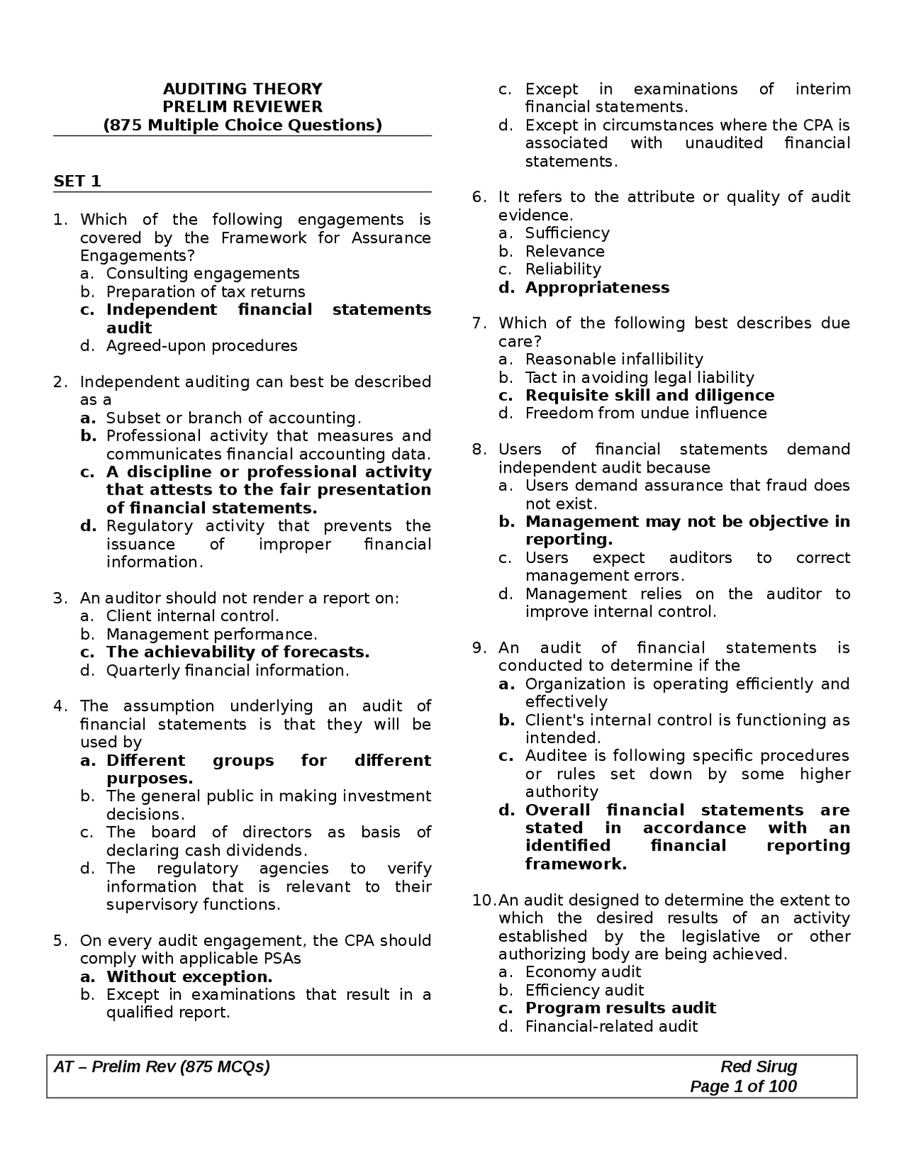 AUDITING THEORY PRELIM REVIEWER (875 Multiple Choice Questions) | Exams ...