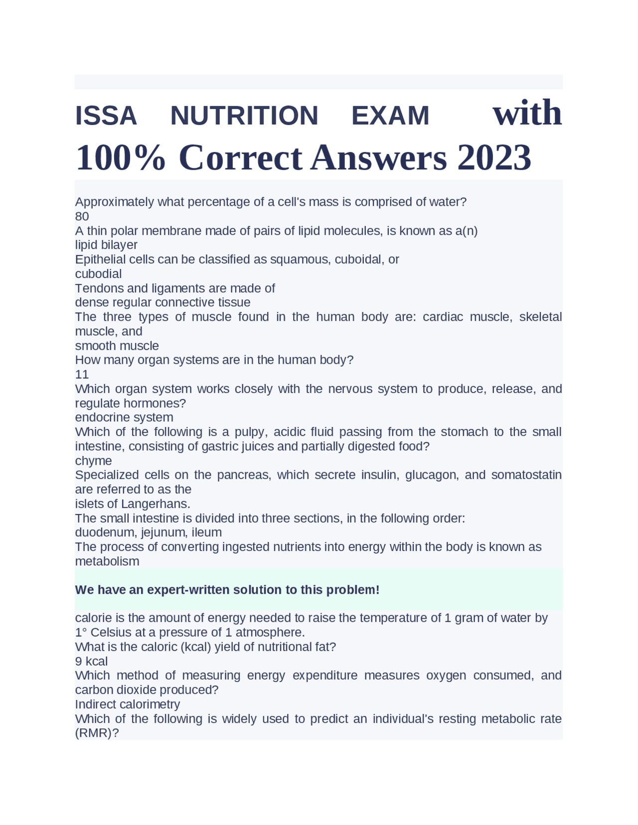 ISSA NUTRITION EXAM with 100 Correct Answers 2025 Exams Nursing