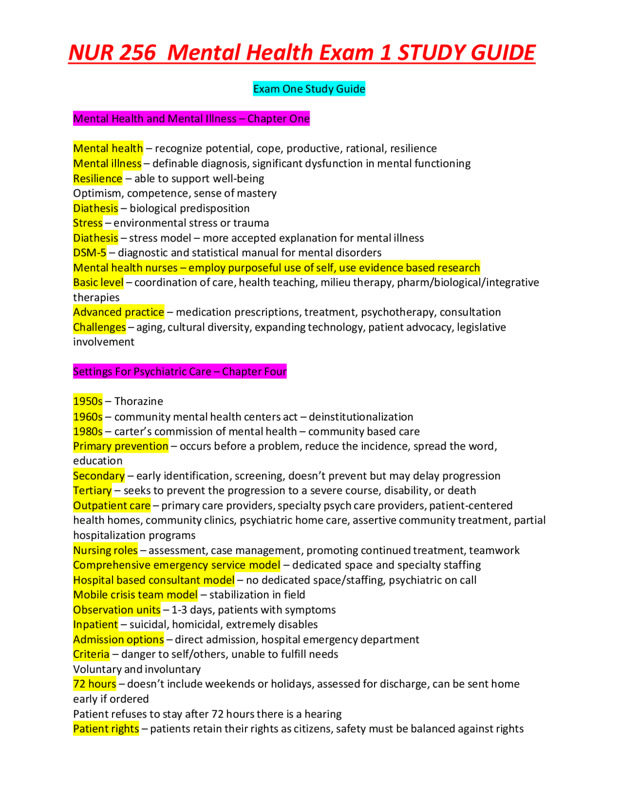 NUR 256 Mental Health Exam 1 STUDY GUIDE A+ GRADED | Exams Nursing ...
