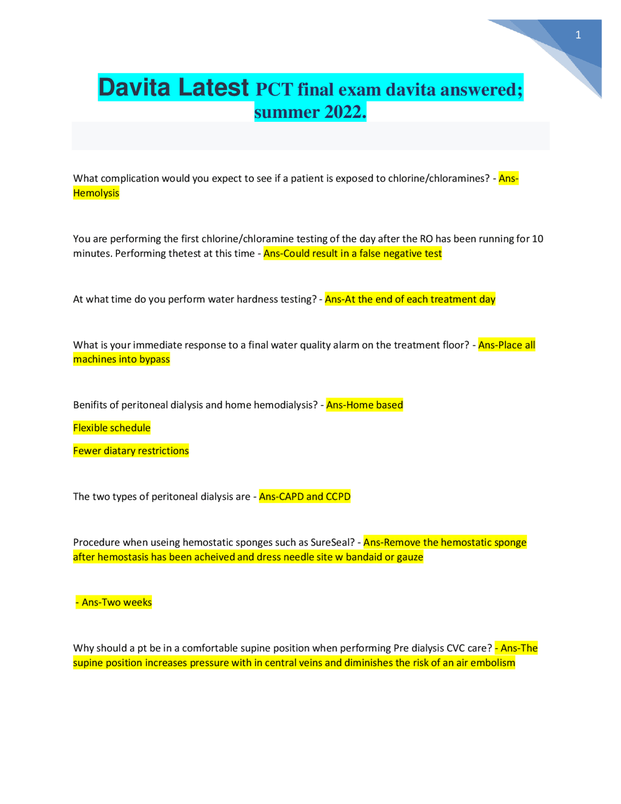 Davita Latest PCT final exam davita answered; summer 2022 Updated