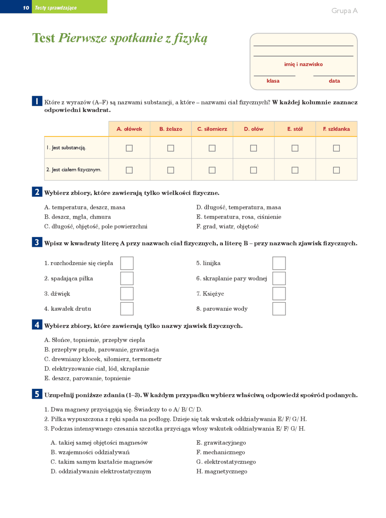 Sprawdzian Z Fizyki Kl 7 Pierwsze Lekcje www.docsity.com
