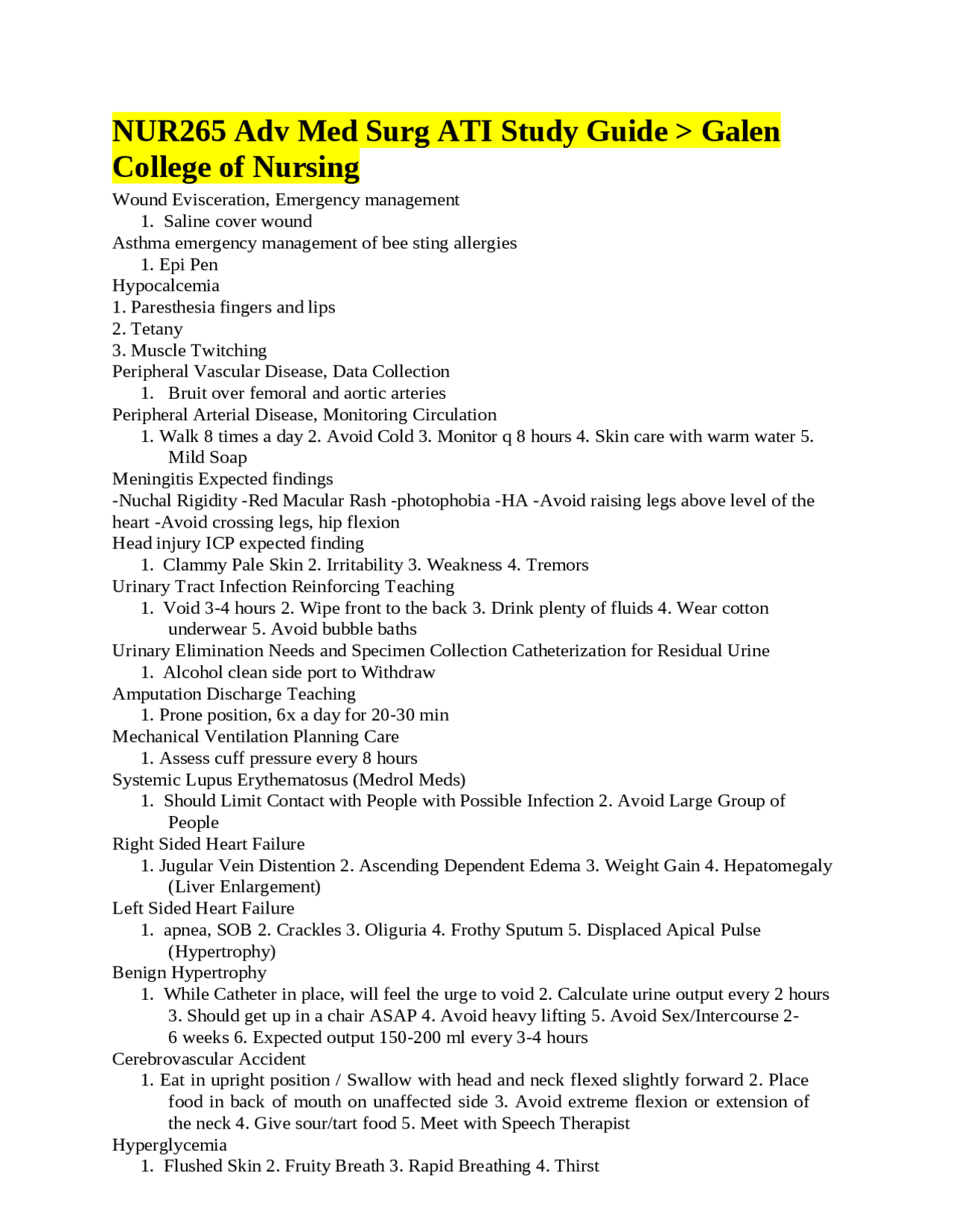 NUR265 Adv Med Surg ATI Study Guide > Galen College of Nursing | Study ...
