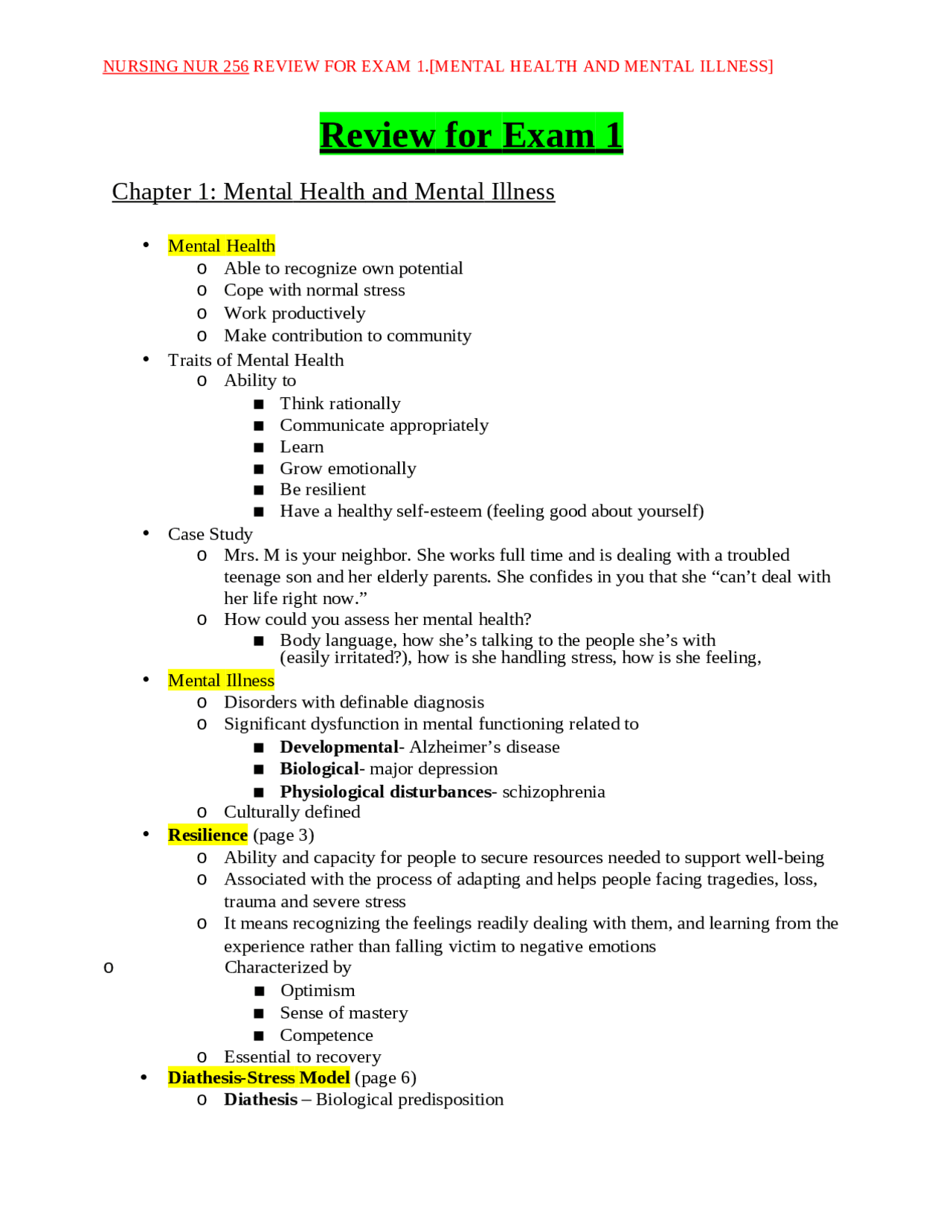 NURSING NUR 256 REVIEW FOR EXAM 1.[MENTAL HEALTH AND MENTAL ILLNESS ...