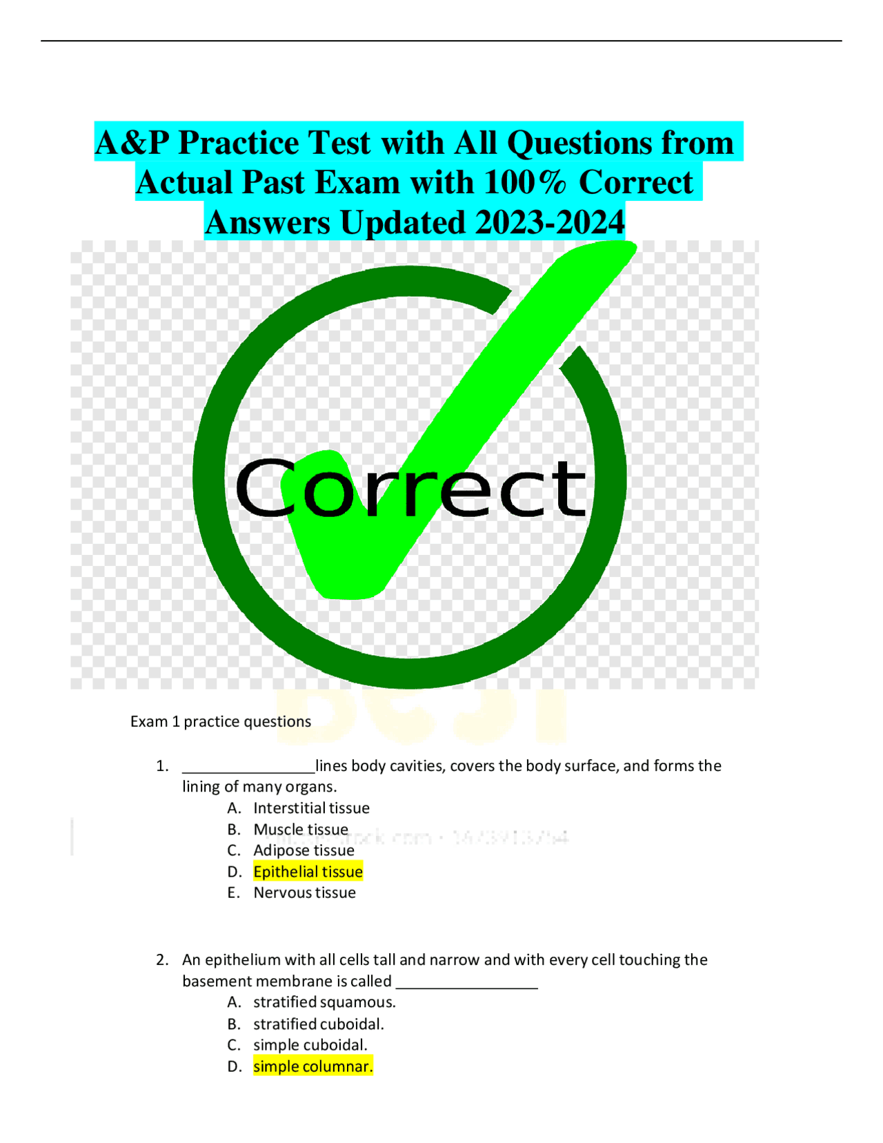 Exam P Practice Example A&P Practice Test with All Questions from Actual Past Exam with 100% ...