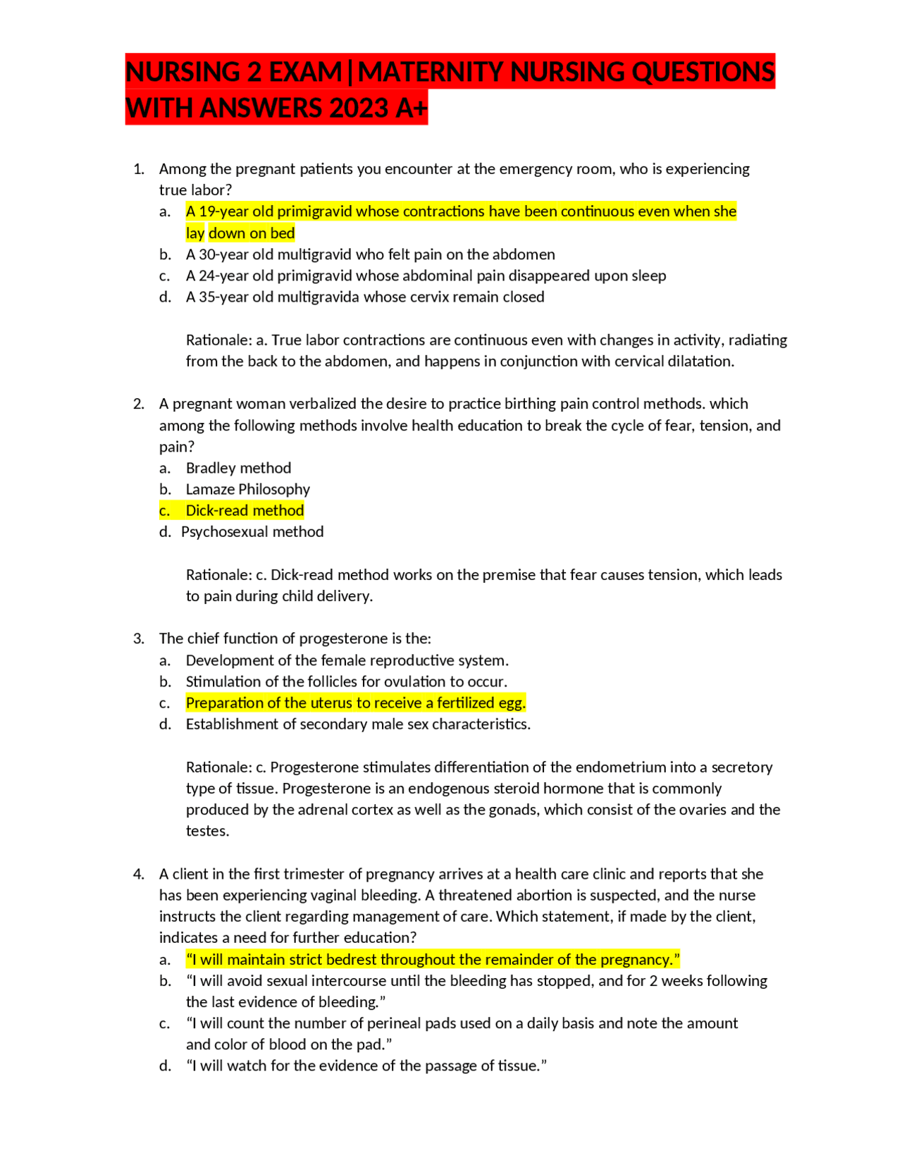 NURSING 2 EXAMMATERNITY NURSING QUESTIONS WITH ANSWERS 2023 A+ Exams