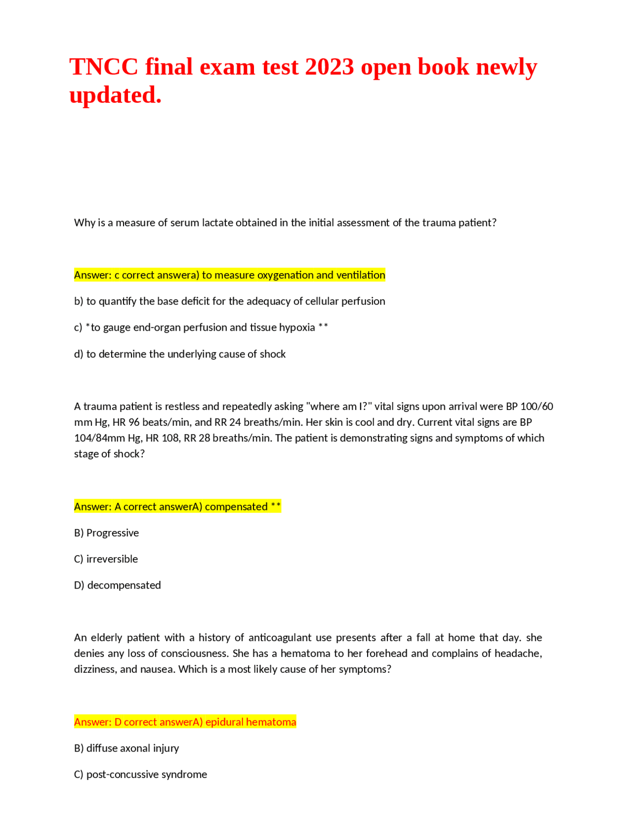 TNCC final exam test 2023 open book newly updated Exams Health