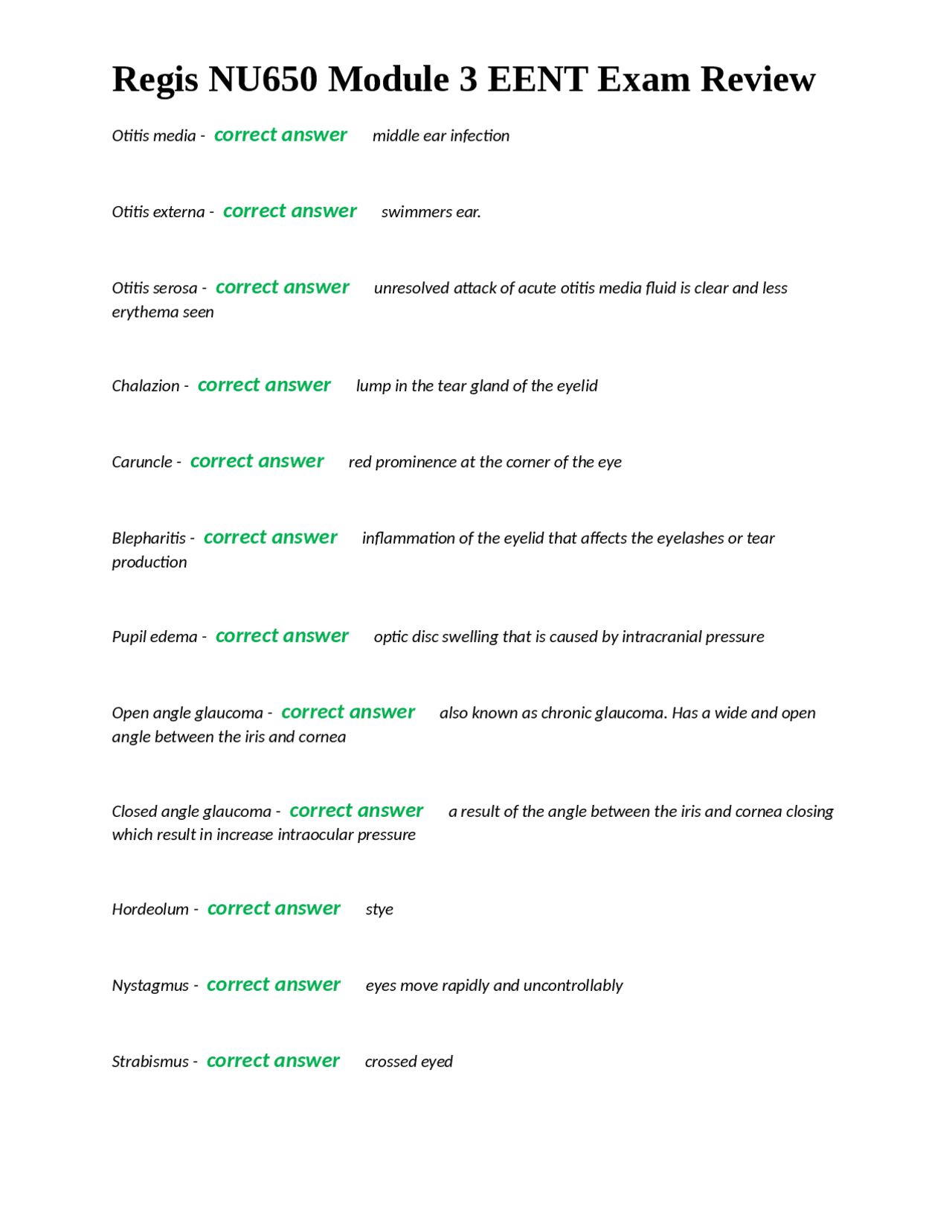 Regis NU650 Module 3 EENT Exam Review Exams Nursing Docsity