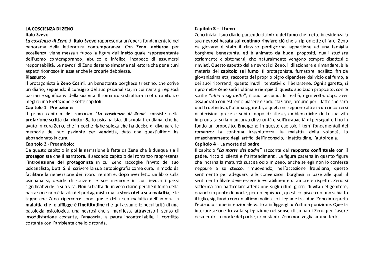 Riassunti per capitoli "La coscienza di Zeno" e "Mastro Don Gesualdo