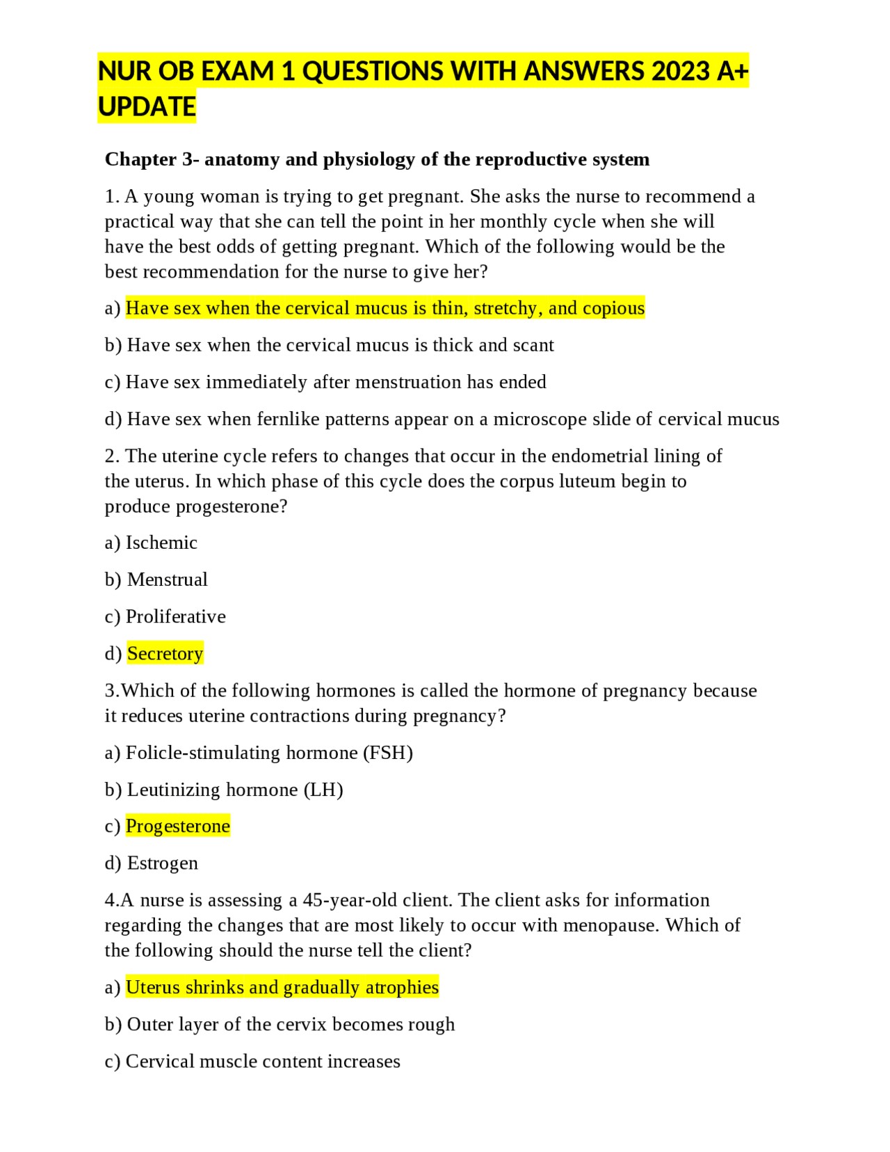 NUR OB EXAM 1 QUESTIONS WITH ANSWERS 2023 A+ UPDATE | Exams Nursing ...