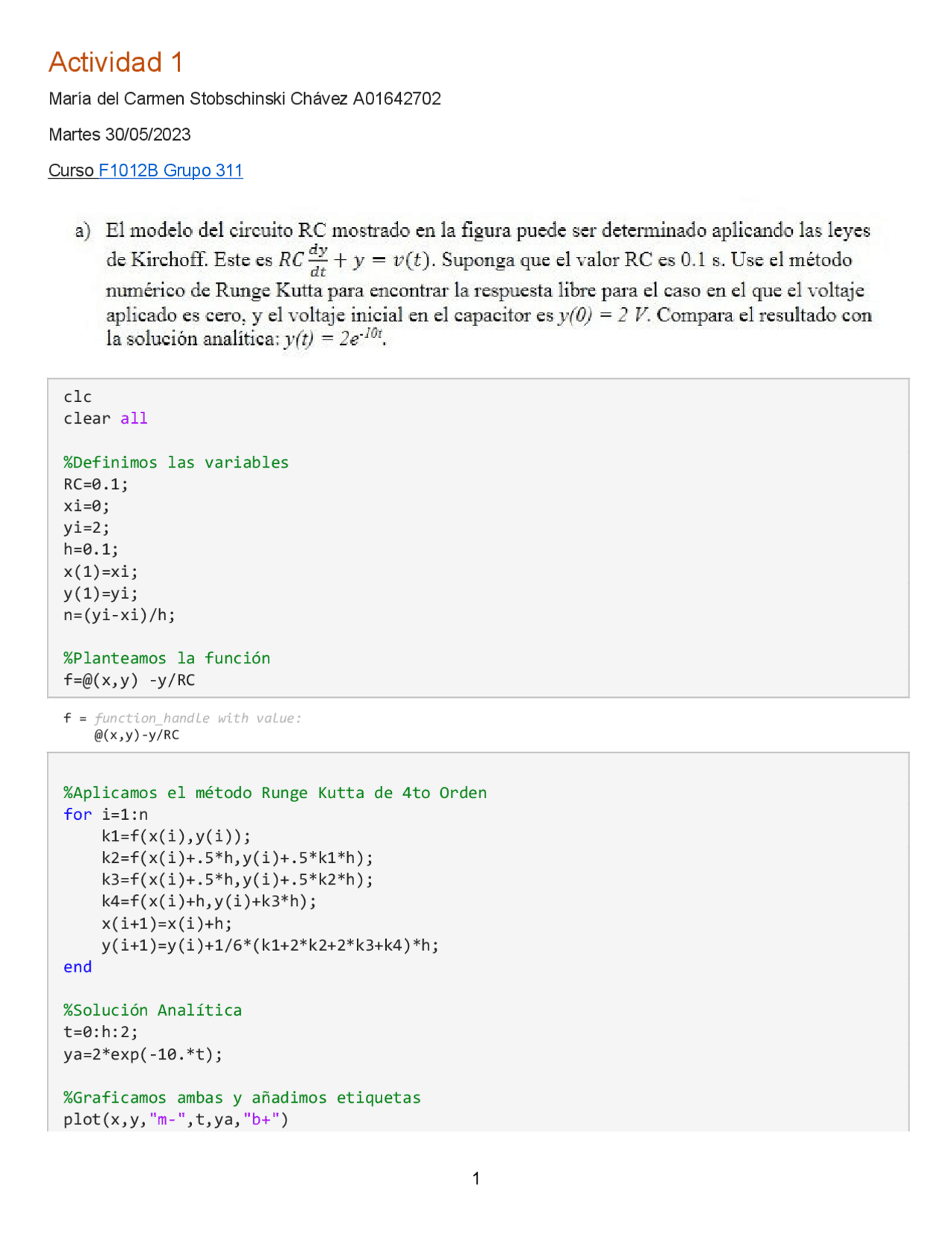 Matlab programa Runge Kutta de 4to orden Ejercicios de Competencias
