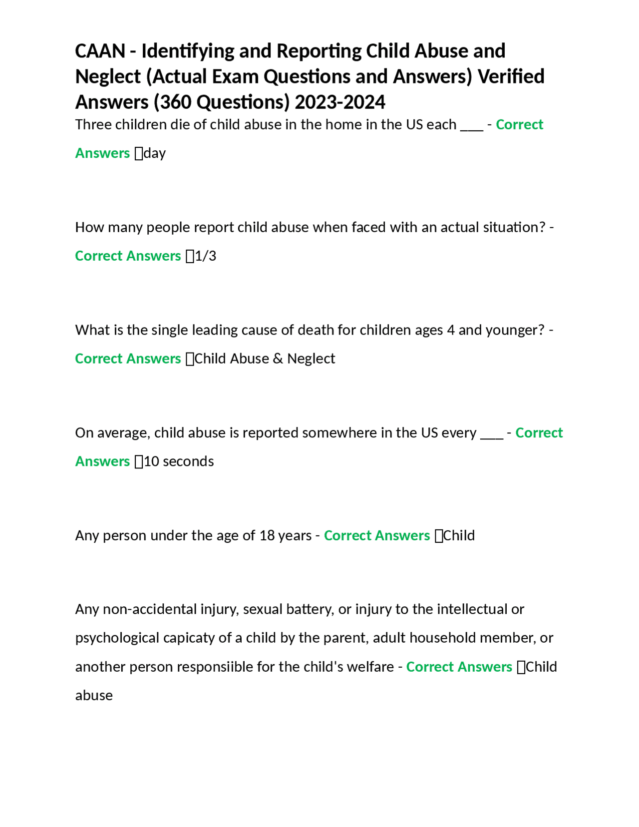 CAAN - Identifying and Reporting Child Abuse and Neglect (Actual Exam ...