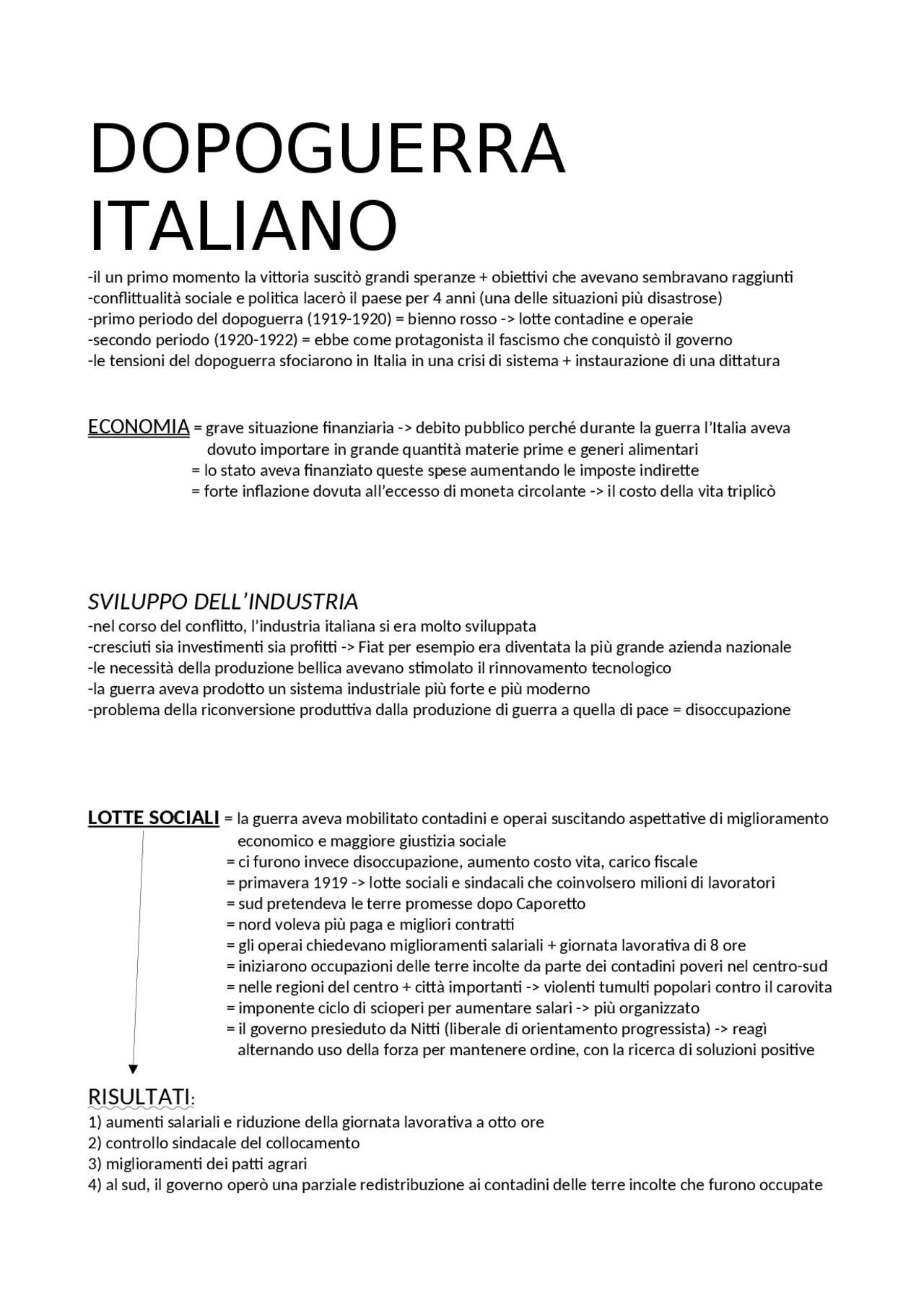 Il dopoguerra italiano | Schemi e mappe concettuali di Storia | Docsity