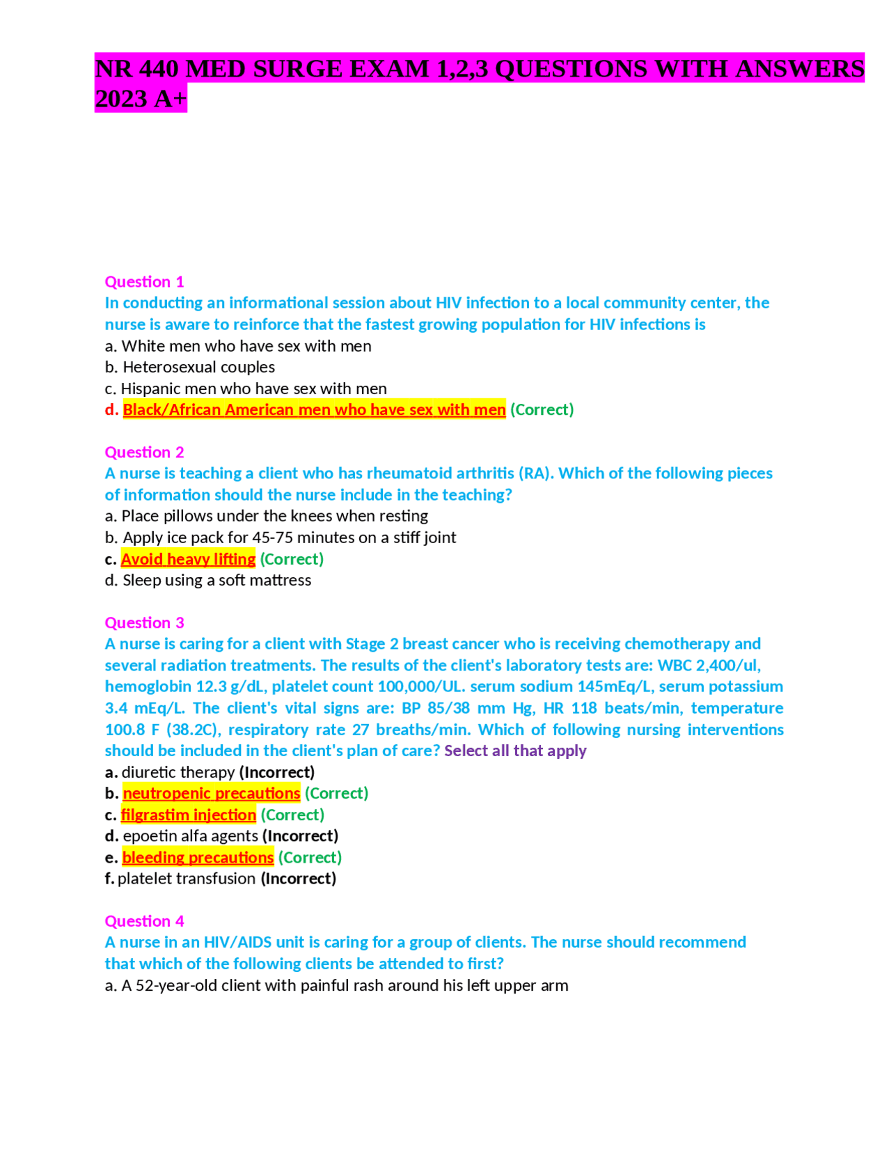 NR 440 MED SURGE EXAM 1,2,3 QUESTIONS WITH ANSWERS 2023 A+ | Exams ...