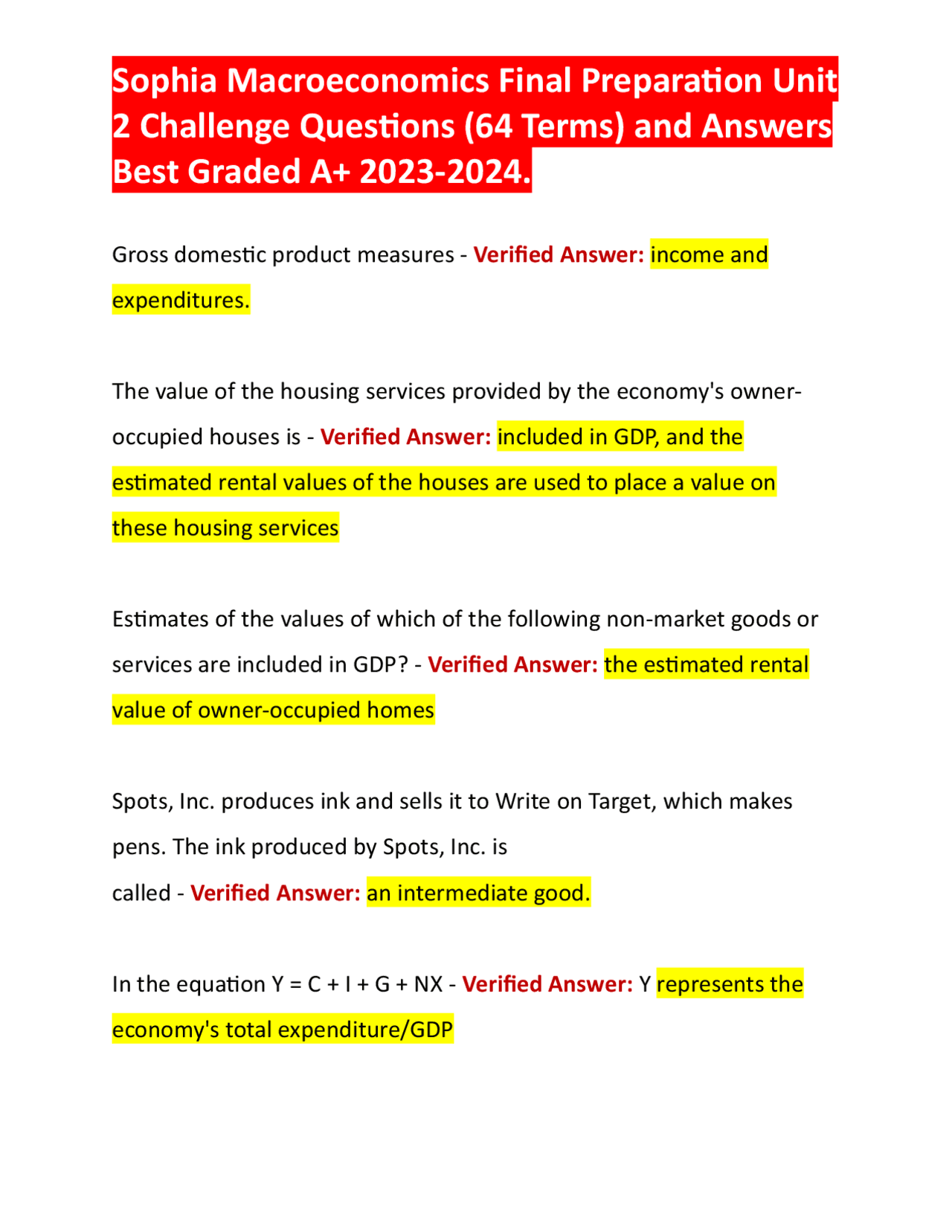 Sophia Macroeconomics Final Preparation Unit 2 Challenge Questions (64 ...