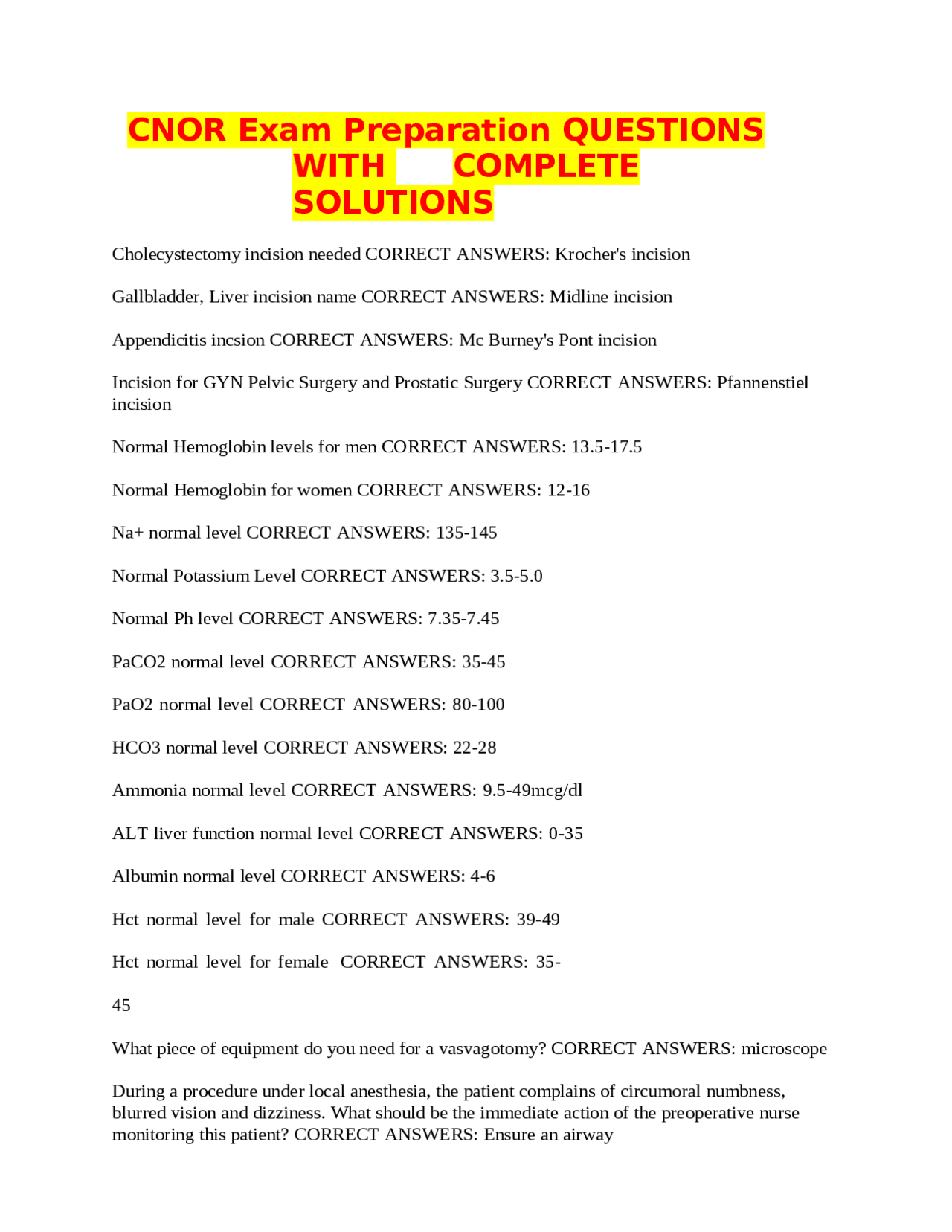 CNOR Exam Preparation QUESTIONS WITH COMPLETE SOLUTIONS | Exams Nursing ...