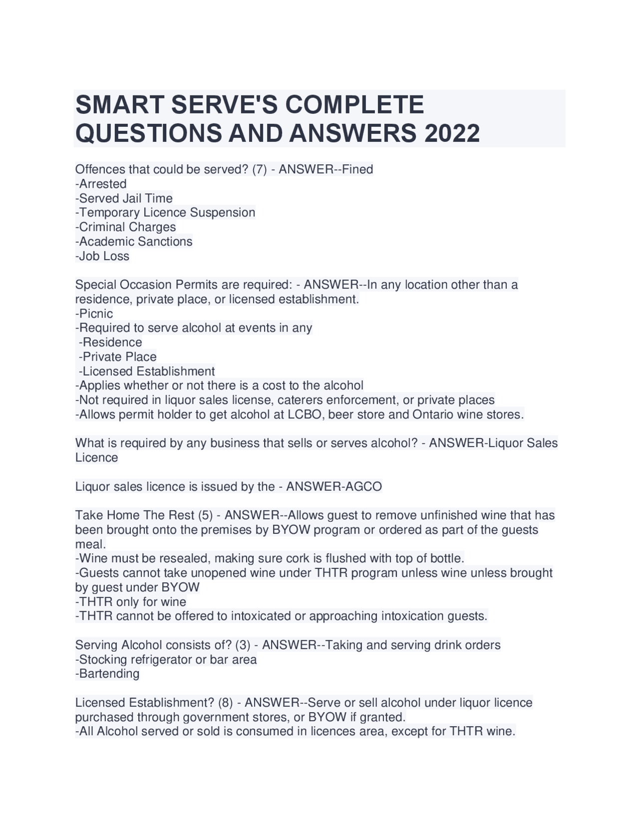 SMART SERVE'S COMPLETEQUESTIONS AND ANSWERS 2022 | Exams Advanced ...