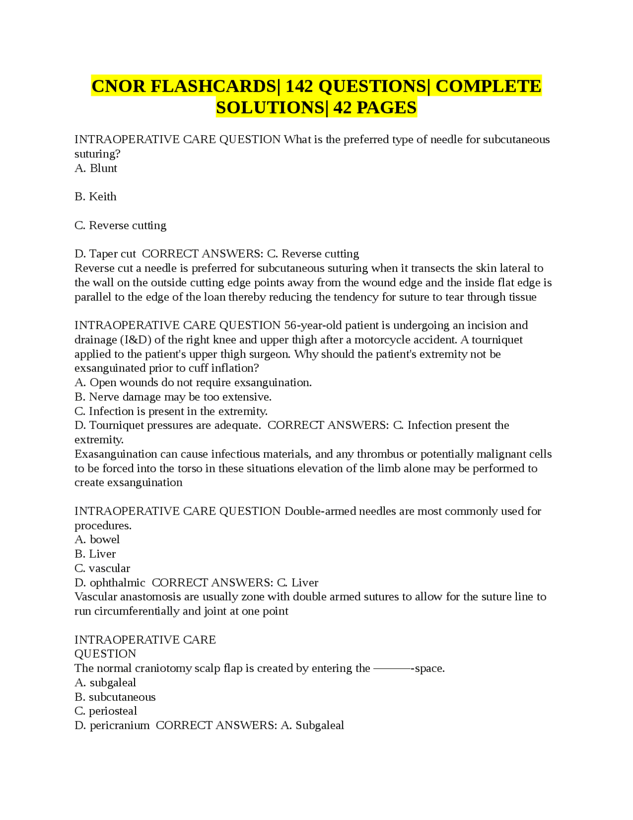 CNOR FLASHCARDS 142 QUESTIONS COMPLETESOLUTIONS 42 PAGES Exams Nursing Docsity