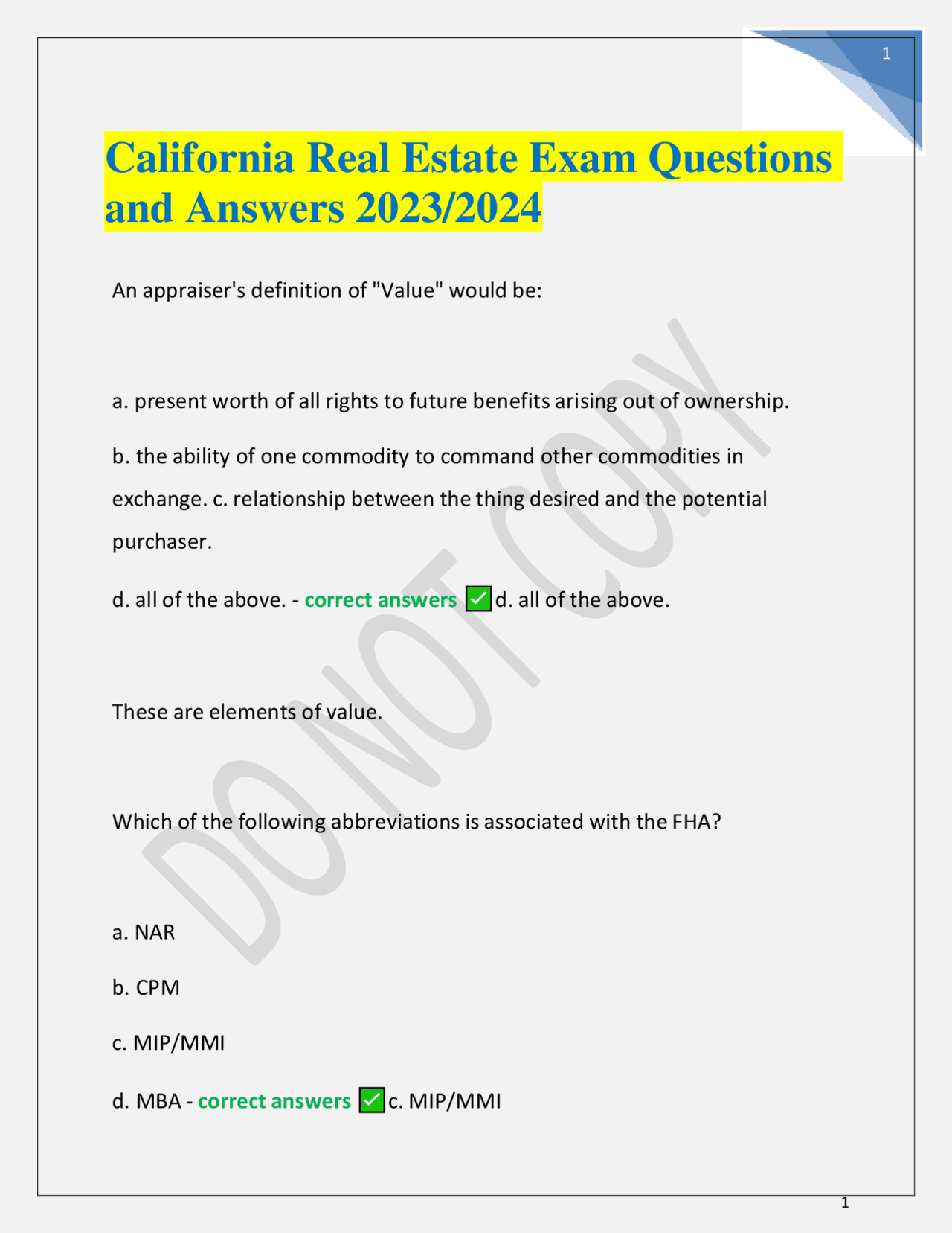 California Real Estate Exam Questions and Answers 2023/2024 Exams